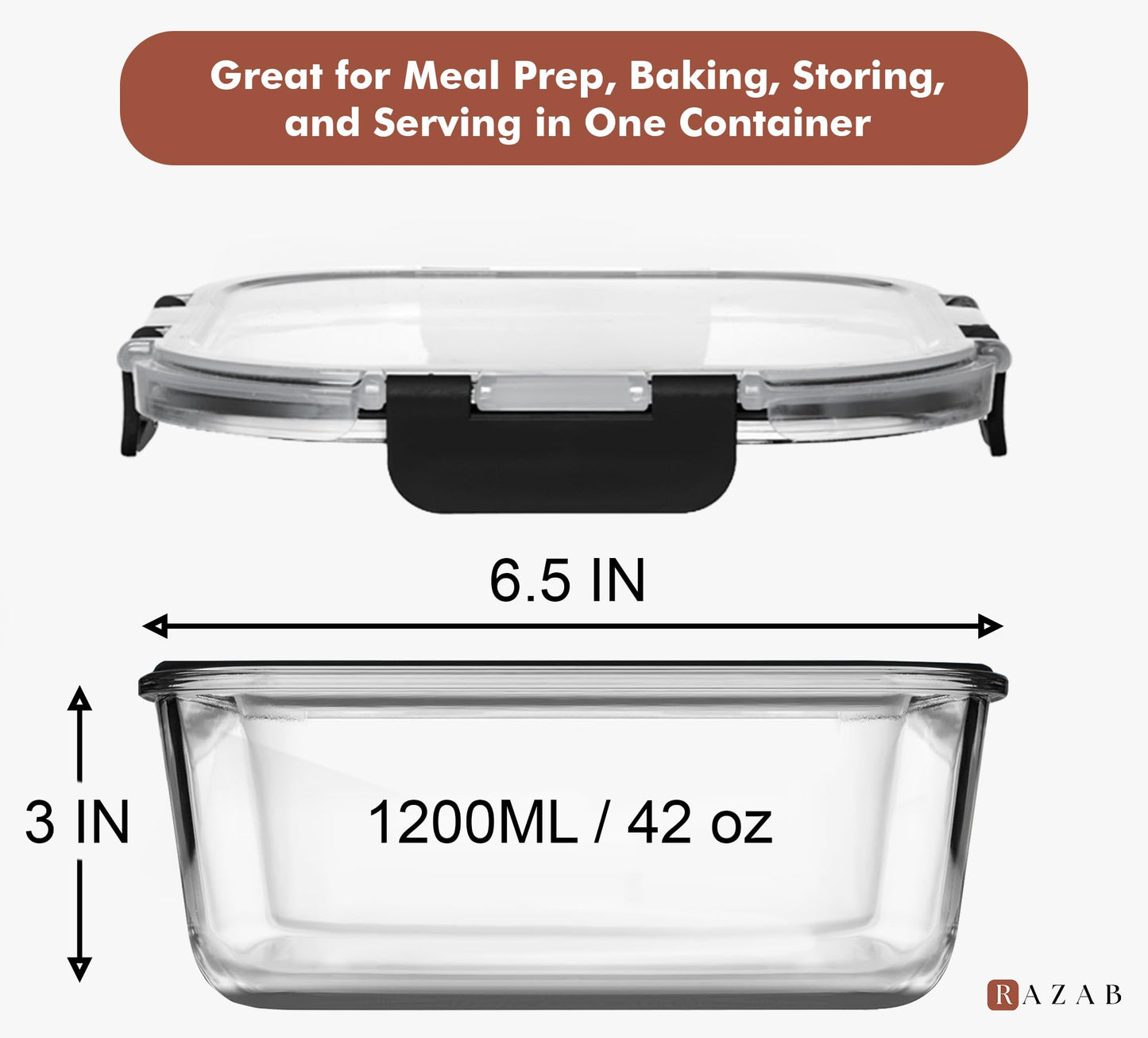 Razab 2 Pack 1200ML / 42 Oz Glass Container Food Storage with Lids - Leakproof, BPA-Free Meal Prep Container Ideal for Roasting Turkey, Store Leftover - Microwave & Oven Safe