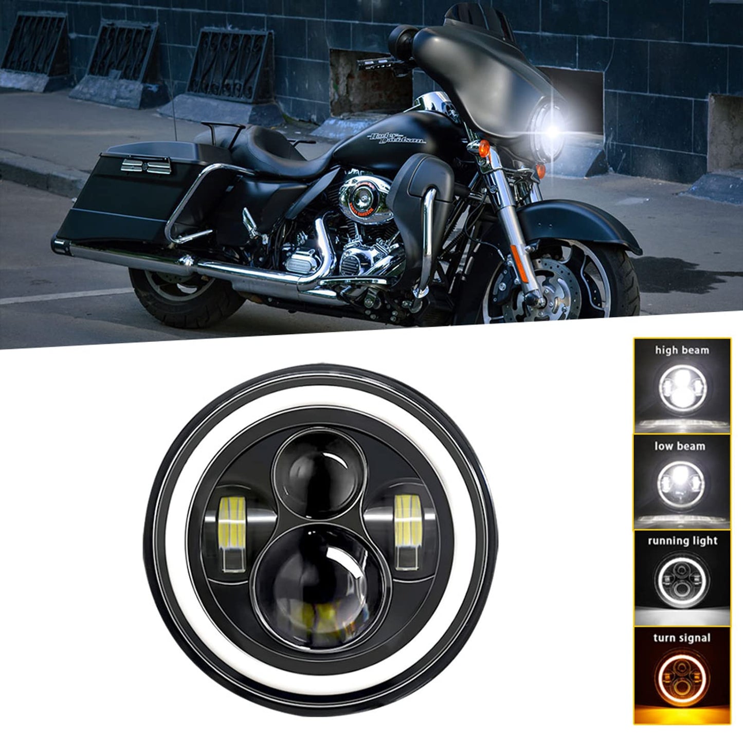 Shkalacar 7inch LED Headlight H4 140W Angel Eyes Round Headlights 4 Modes 14000LM 6000K White/3000K Amber Car Motorcycle Headlight Auto Ring Lights IP67 Waterproof 2pcs