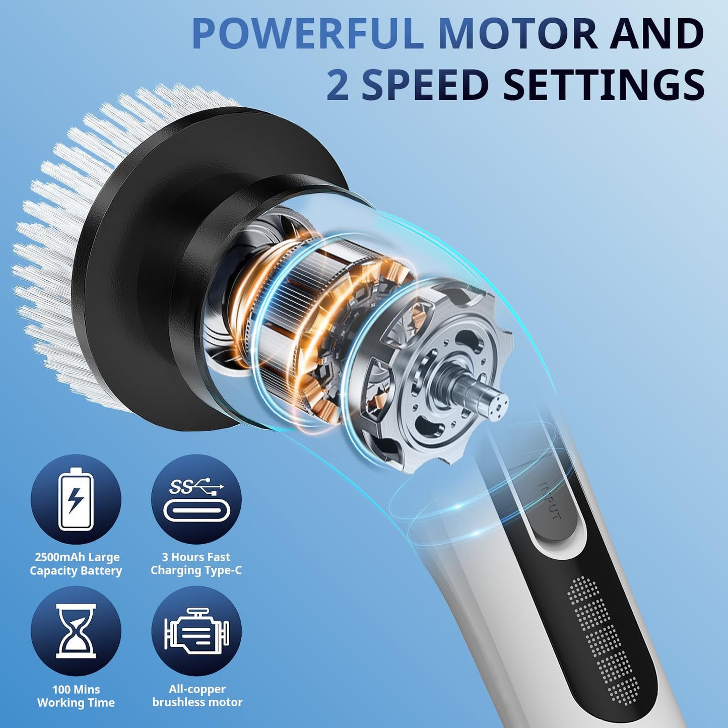 FYDEE Electric Spin Scrubber, Cordless Bathroom Cleaning Brush with 7 Heads & Adjustable Extension Handle, IPX7 Waterproof Rechargeable Power Shower Tub Scrubber for Tile, Grout, Floor & Car