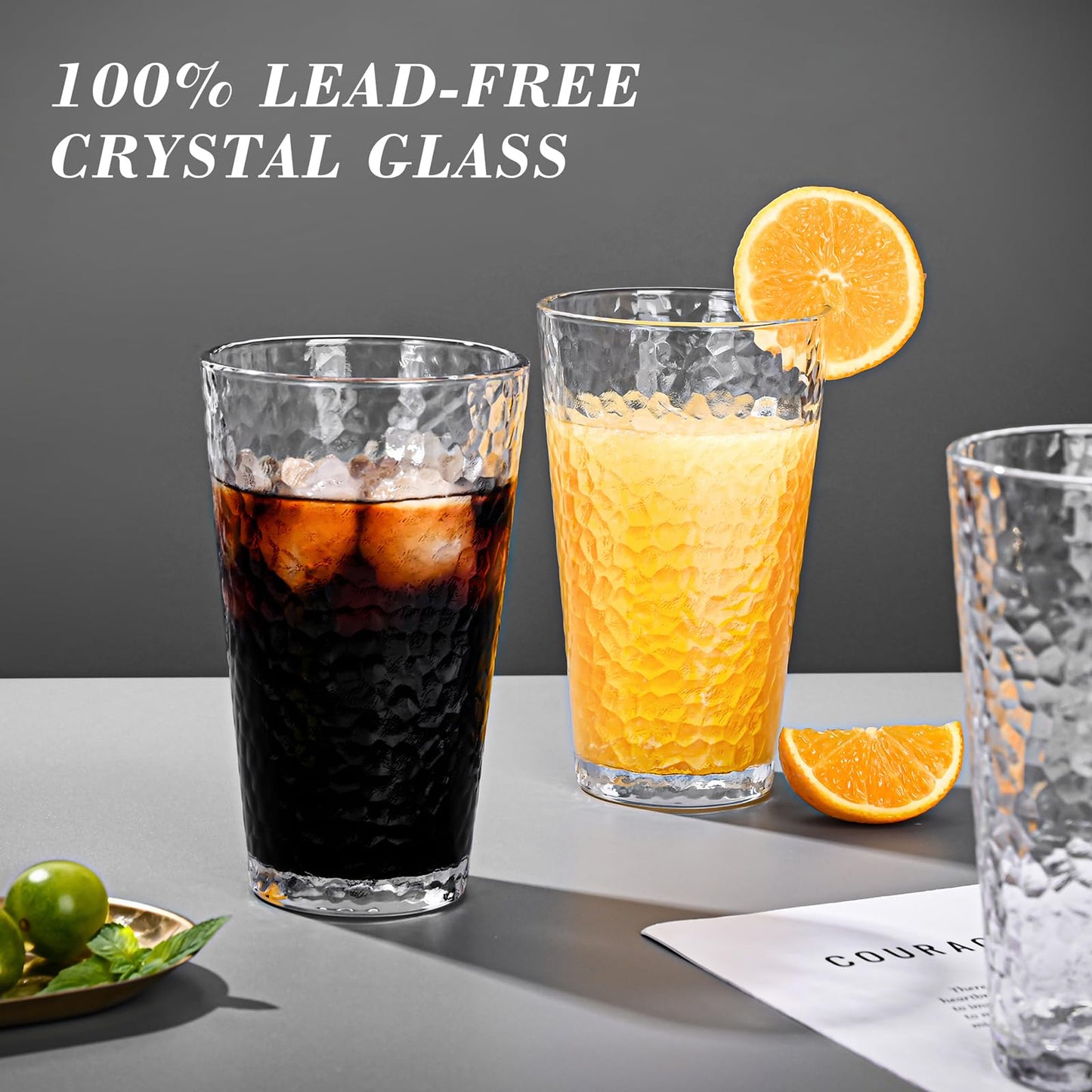 AMYOOLE Drinking Glasses Set of 8,16oz Clear Highball Water Glasses,Stackable Lead-Free Hammered Glass Cups,Kitchen Drinkware Glassware for Cocktail,Beer,Juice,Iced Tea,Margaritas and Mixed Drinks