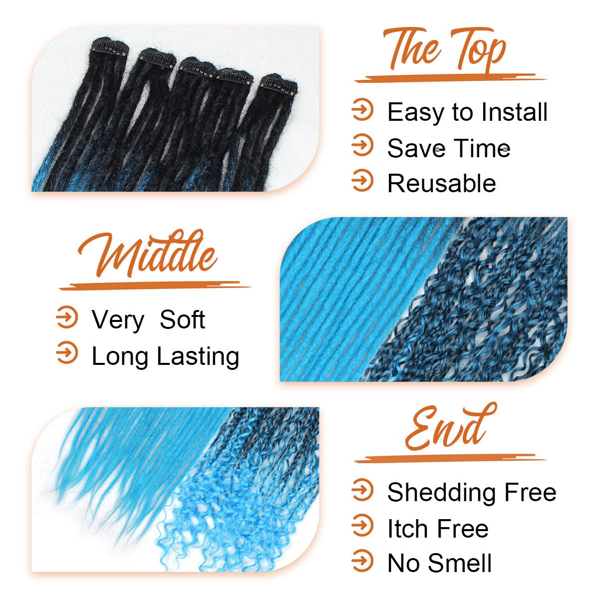 Sangtok 10 PCS Mixed Clip in Dreadlock Extensions, 24 inch Synthetic Dreads Extensions, Thin Straight Dreadlock for Women, 1b-blue