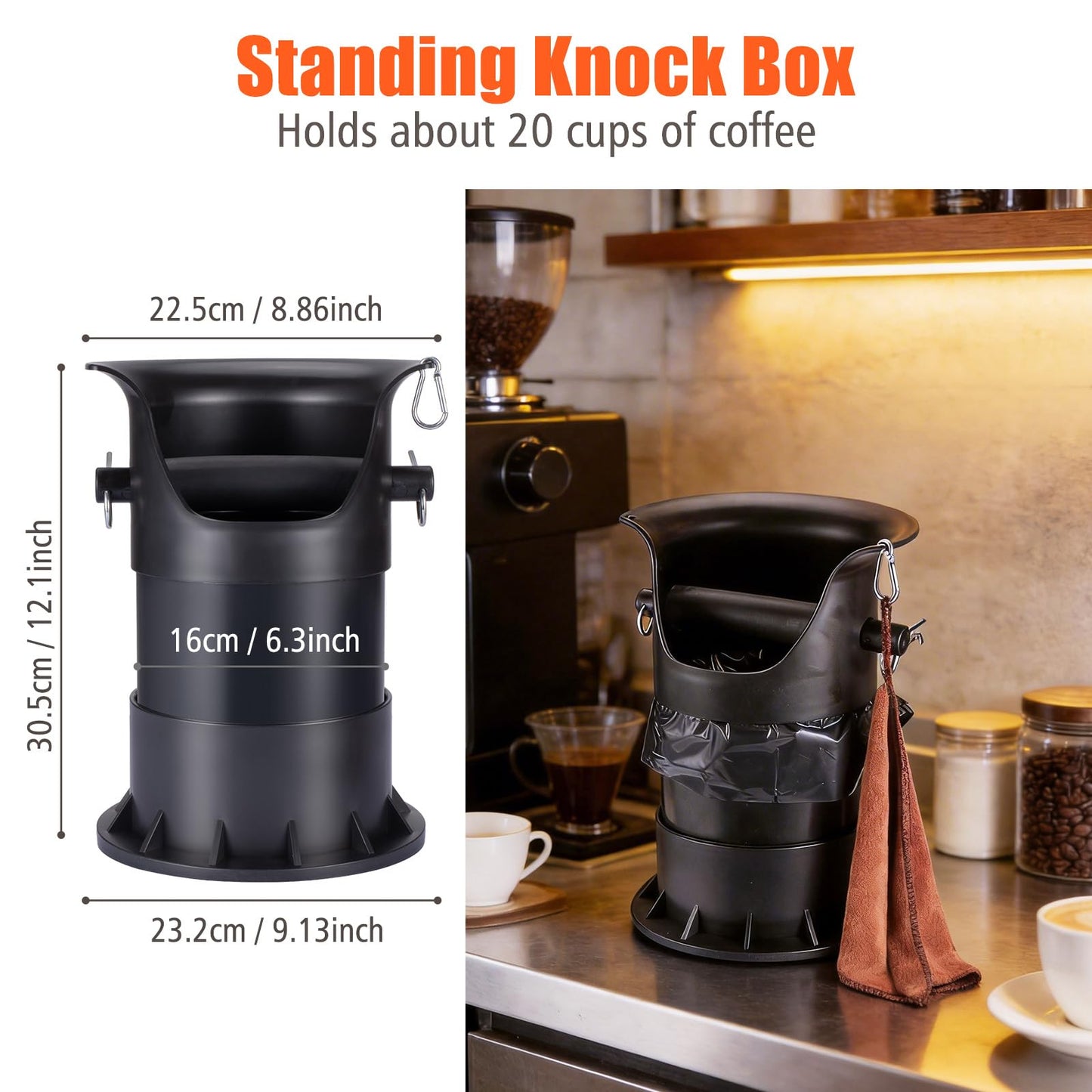 Coffee Knock Box Set with Cleaning Cloth, Brush & 50 Garbage Bags - 10.8×10.8×15.7in Countertop Coffee Waste Container for Home Baristas