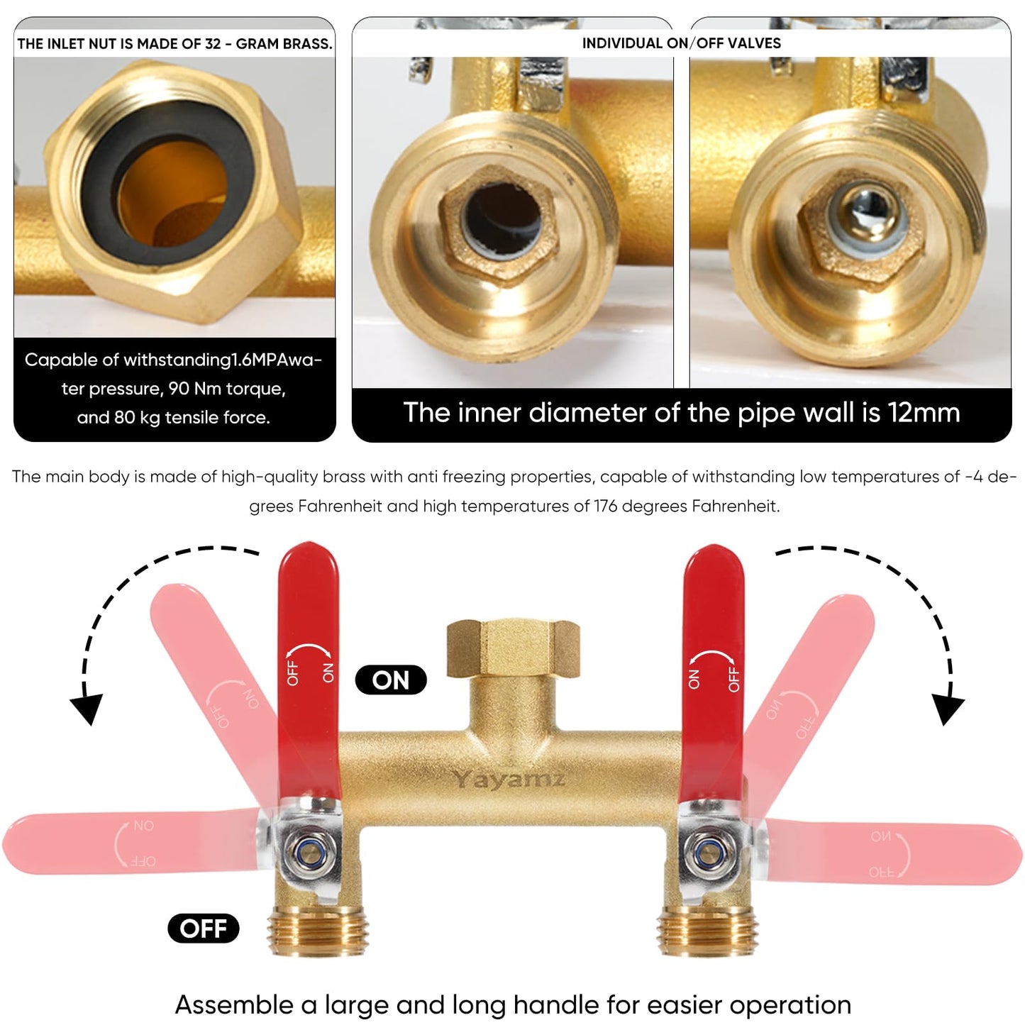 Yayamz 2-Way Garden Hose Splitter, Heavy Duty Brass Rustproof Faucet Manifold, 3/4” Frostproof Outdoor Hose Adapter Connector, Hose Faucet Adapter with 2 Large Red Extension Handles