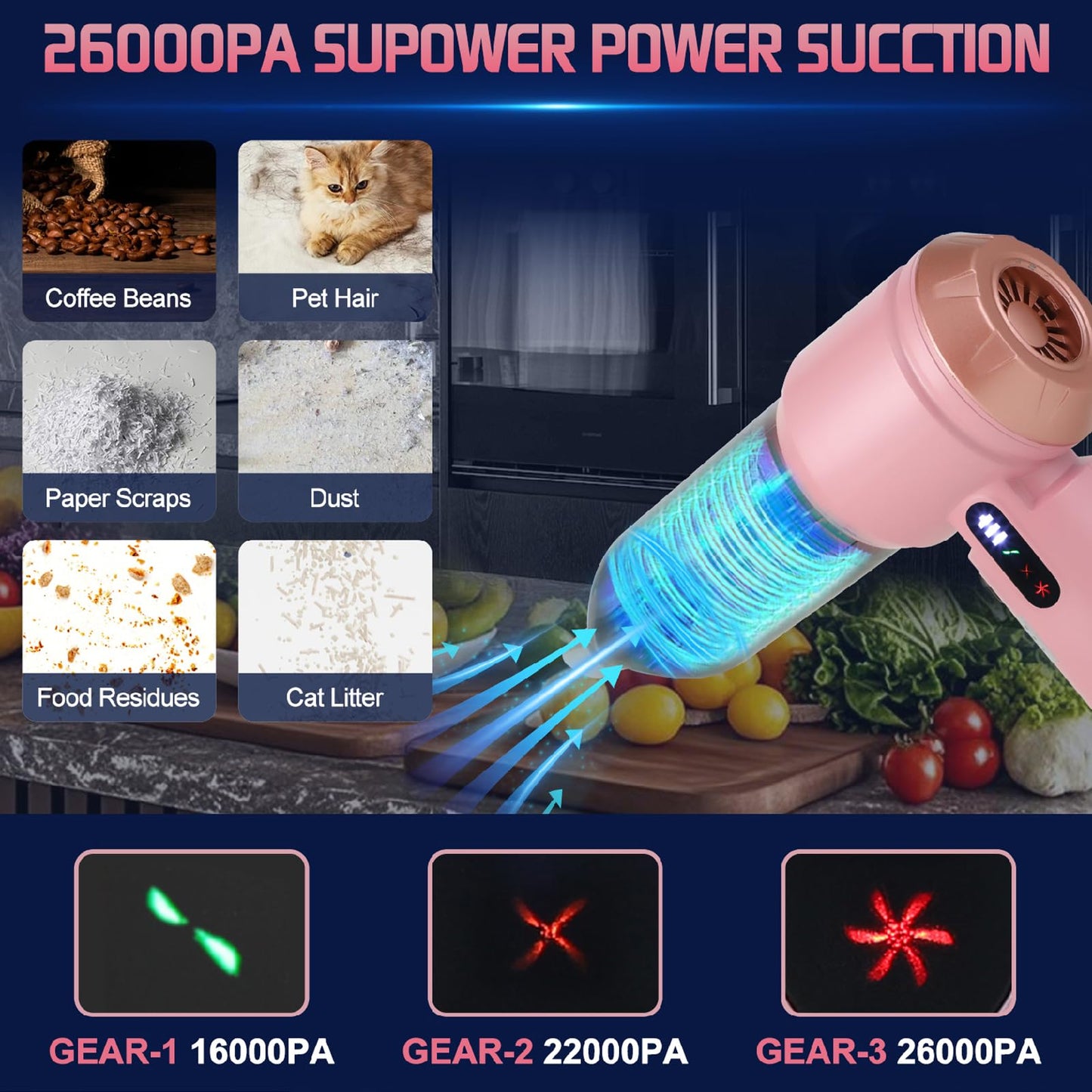 Car Vacuum Cleaner Cordless Handheld Small Vacuum Cleaners 26000PA Powerful Portable USB 3 Modes Mini Vacuum for Home Office car pet Kitchen