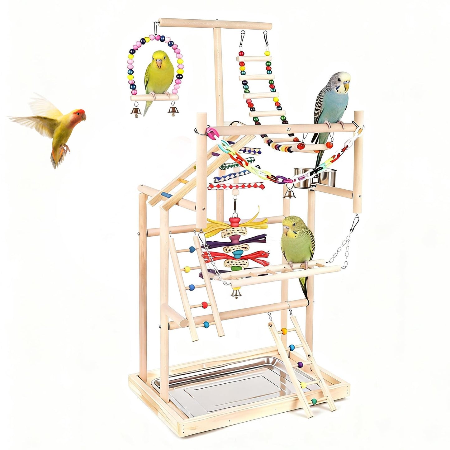 OCKYOOZ Bird Playground Pet Bird Parrot Playground Birds Stand 4 Layers Pet Parrot Playstand with Exercise Toys Swings Feeder Cups Birds Play Stand Wood Perch Gym Playpen Ladder for Cockatiel Parakeet