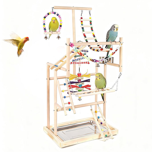 OCKYOOZ Bird Playground Pet Bird Parrot Playground Birds Stand 4 Layers Pet Parrot Playstand with Exercise Toys Swings Feeder Cups Birds Play Stand Wood Perch Gym Playpen Ladder for Cockatiel Parakeet