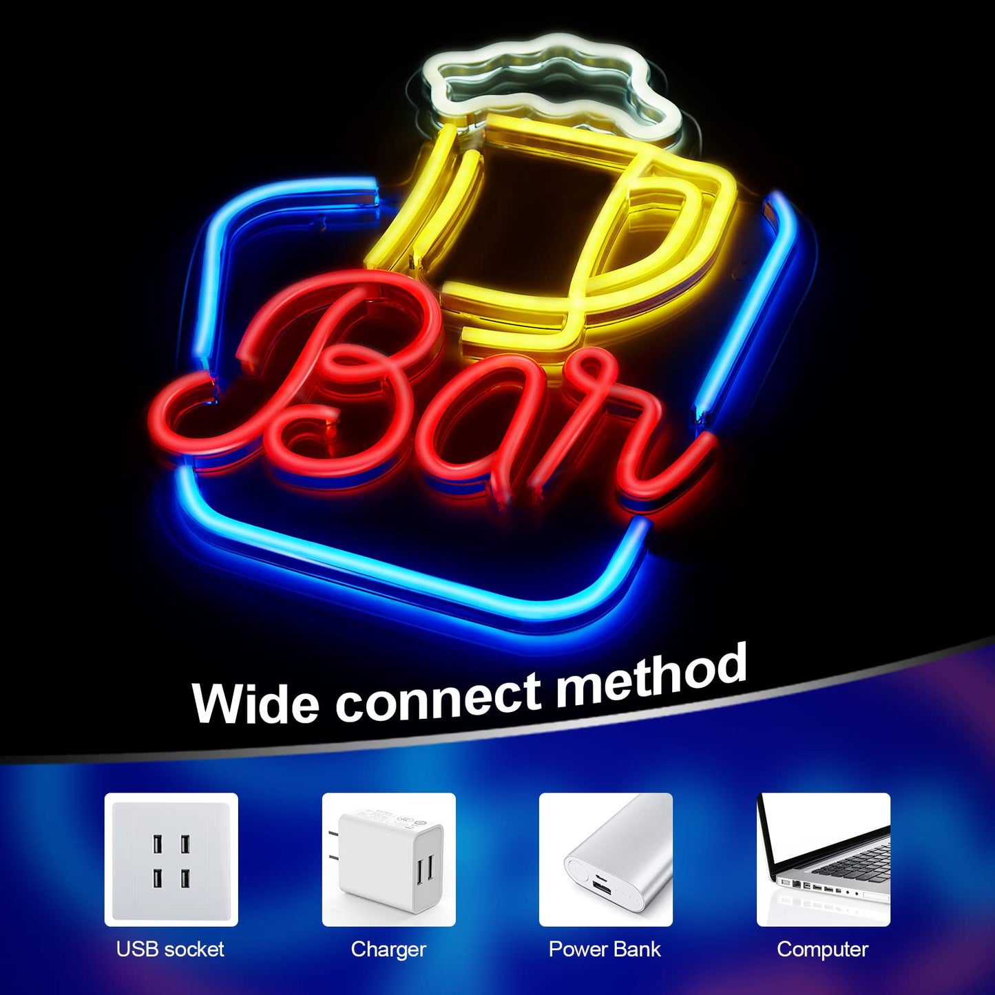 FITNATE Bar Neon Sign, LED Neon Light Sign 17x10.8‘’ USB Powered Decorative Bar Open Sign for Home Bar Store Party Decor, Includes Business Hours Sign