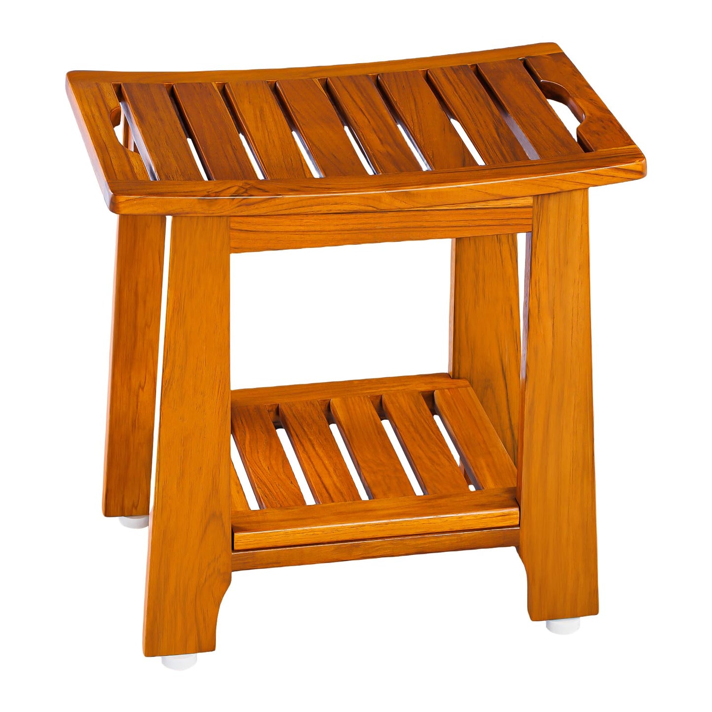 21" Standard Teak Shower Bench with Shelf & Handle - Waterproof, Non-Slip Bath Stool, 300 lbs Capacity - Fits Standard Tubs/Showers & Outdoor Use (Patented)