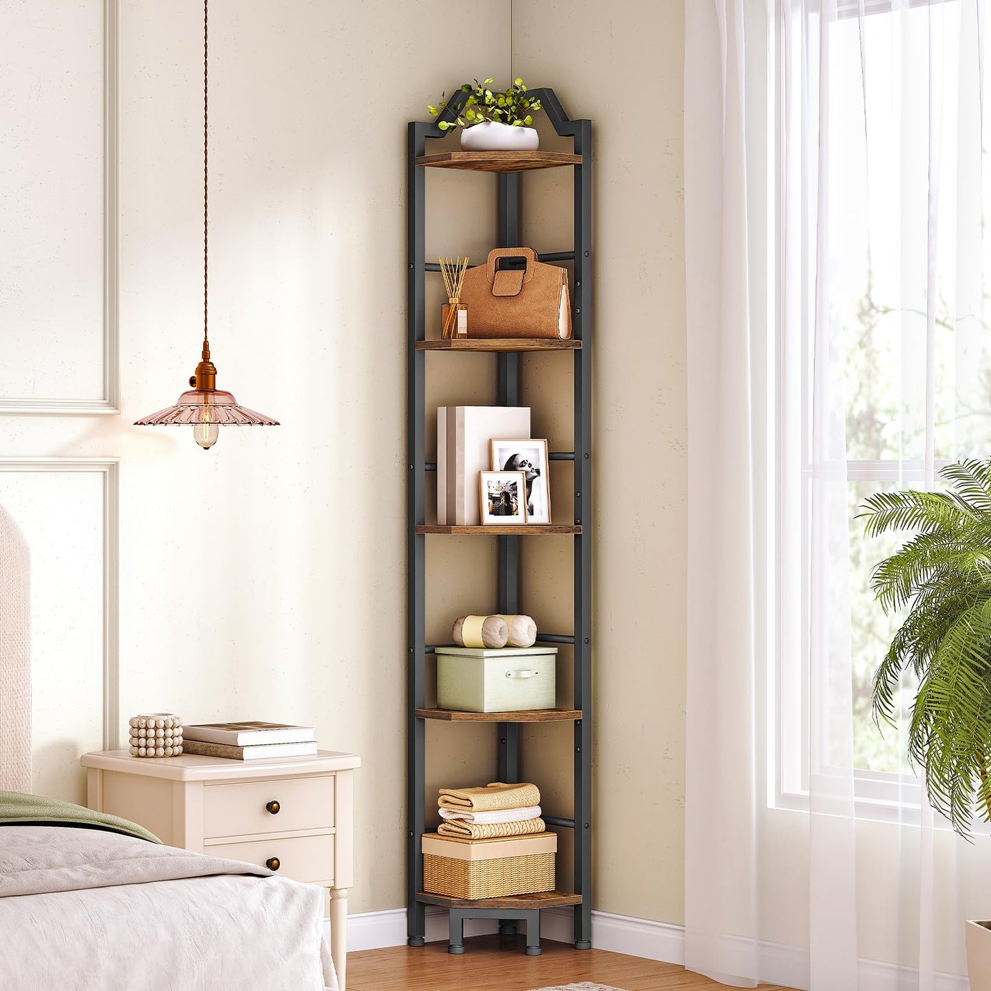 HOOBRO Corner Shelf, 5-Tier Corner Shelf Stand, Standing Display Shelf, Corner Bookcase Shelving, for Living Room, Bedroom, Study, Kitchen, Rustic Brown and Black BF100CJ01