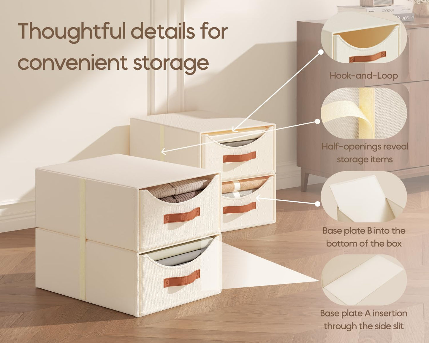 DIMJ Closet Storage and Drawers Organizers - 4 Pack Fabric Stackable Storage Drawer Unit Clothes Organization with Reinforced Handles for Wardrobe, Bedroom, Office,Shelves (Beige)