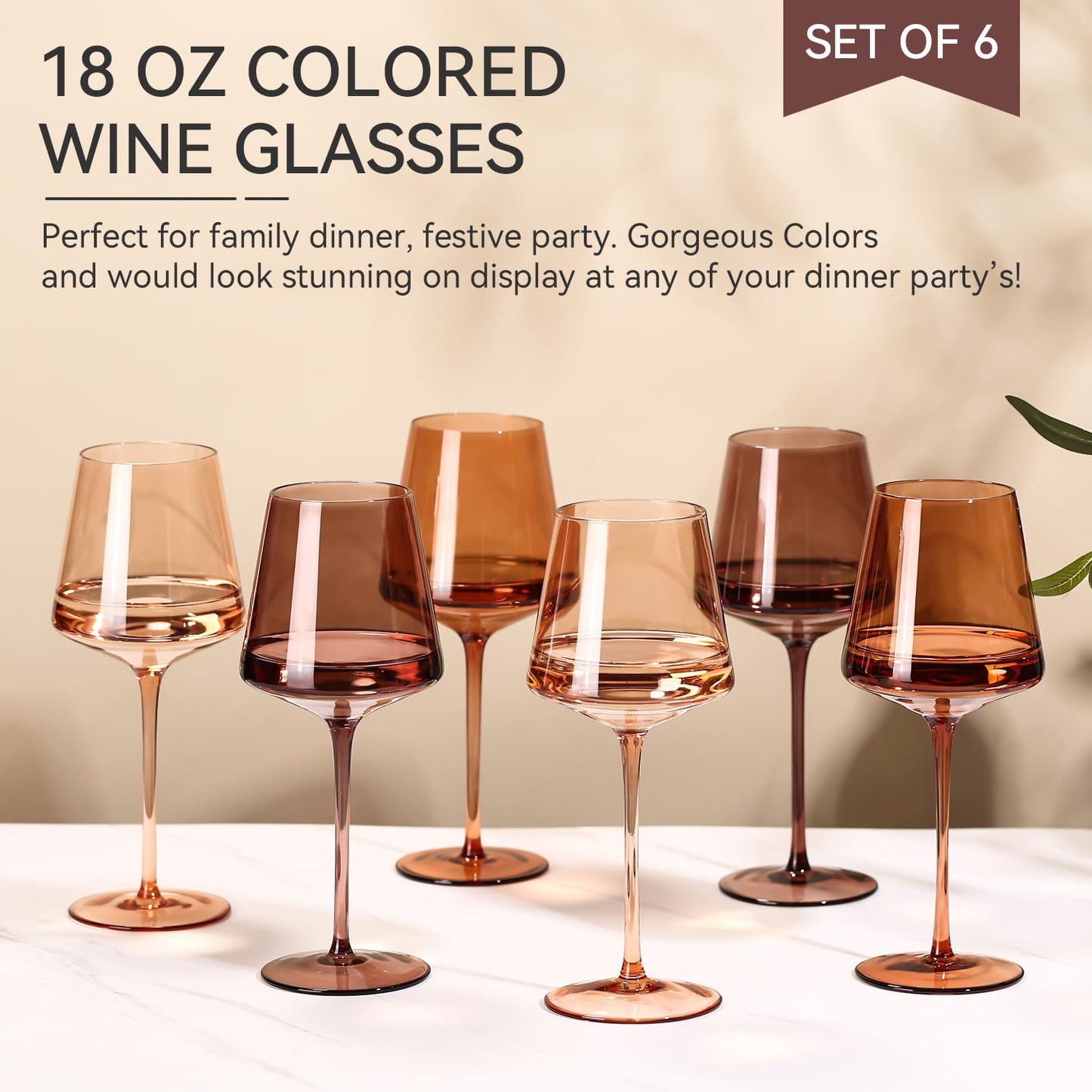 Venus Wine Glasses Set of 6-18oz【Hand Blown】 Crystal Amber Stemmed Wine Glasses-Brown Wine Glass Set for Fall Autumn Winter Wine Dinner