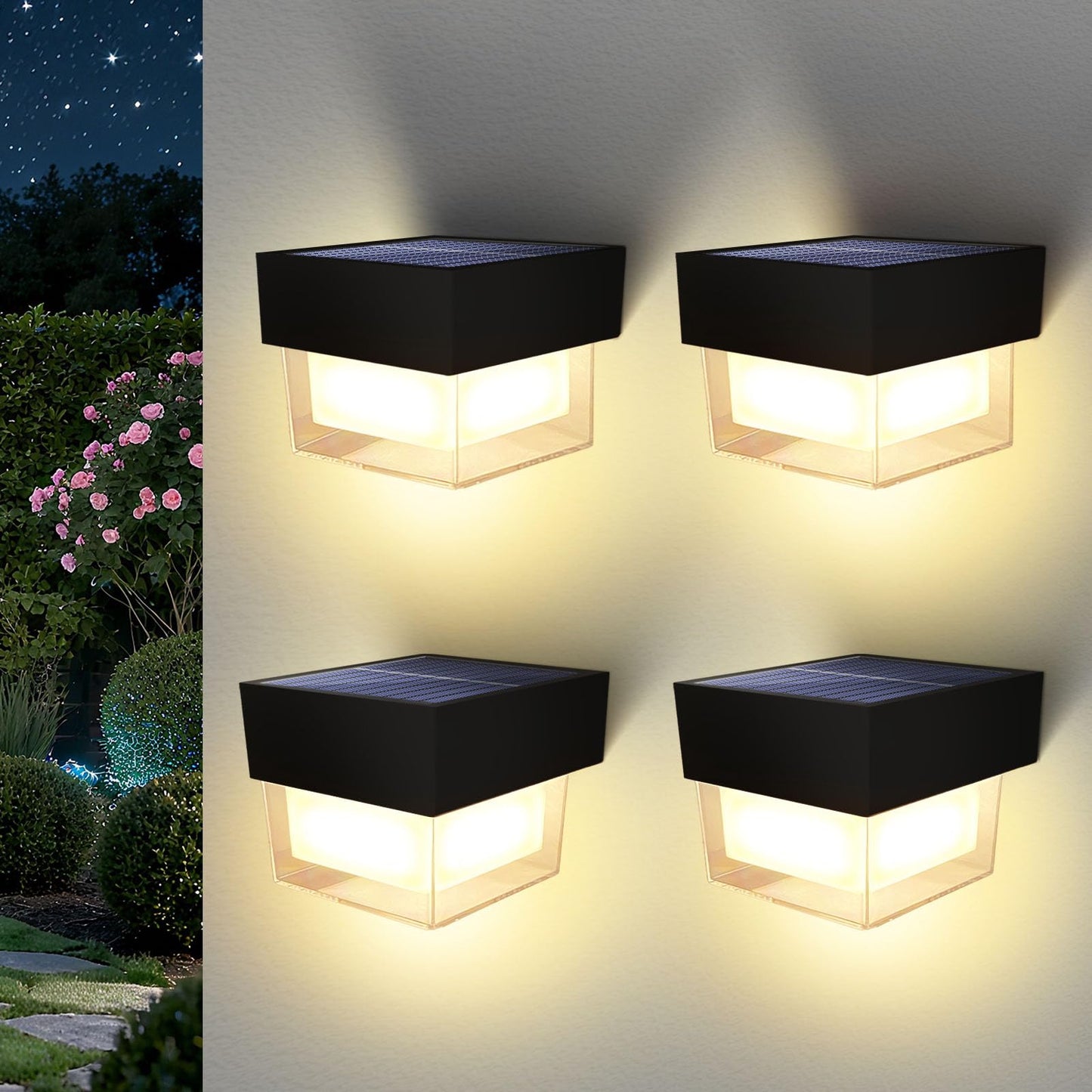 Baiston Solar Wall Lights Outdoor: LED Solar Motion Security Lights, IP65 Waterproof, Solar Wall Lights with 180° Wide Lighting and Enhanced PIR Sensor for Yard, Garden, Driveway, Fence, 4 Packs