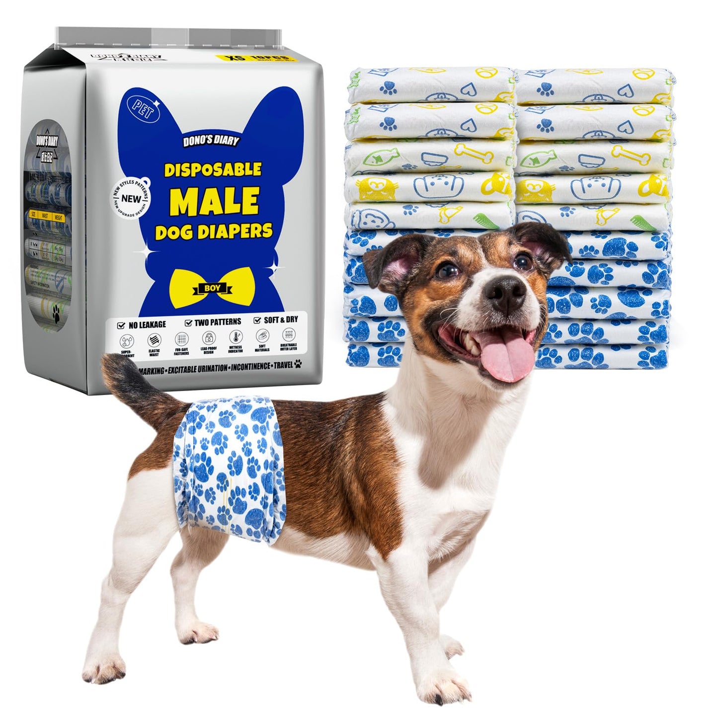 Dono Dog Diapers Male, Super Absorbent Male Dog Wraps, Rapid-Dry Gel Technology Doggie Diapers, Disposable Dog Belly Band, Wetness Indicator Puppy Diapers, X-Small, 60ct