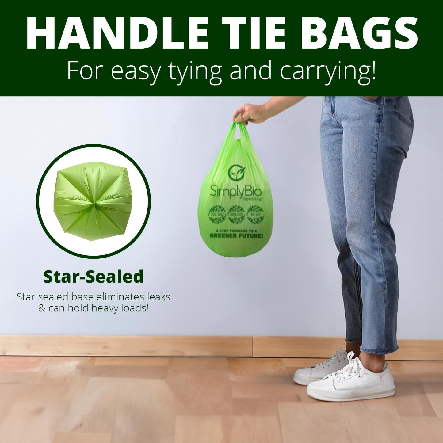 Simply Bio Compostable Trash Bag with Handle, 80 Count, Thick 0.67 Mil, 3 Gallon, 11.36 Liter, Small Kitchen Food Scrap Trash Bags, ASTM D6400, US BPI and Europe OK Compost Home Certified