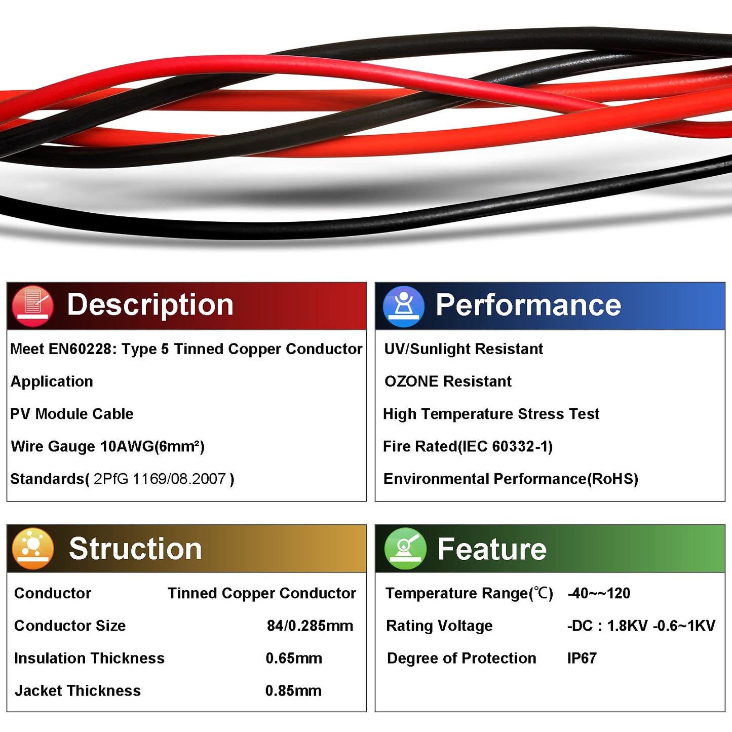 iGreely Solar Panel Wire - 30Ft Black & 30Ft Red 10AWG(6mm²) Tinned Copper PV Wire UV Resistant Cable for Solar Panel MPPT Controller Boat Marine Automotive RV Outdoor