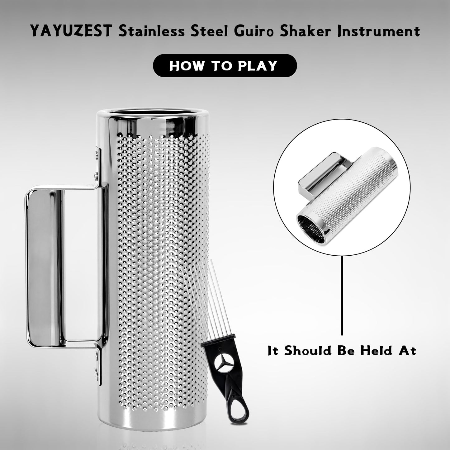 YAYUZEST Guiro Shaker Stainless Steel Percussion Guiro Musical Instruments with Scraper (6" x 12")