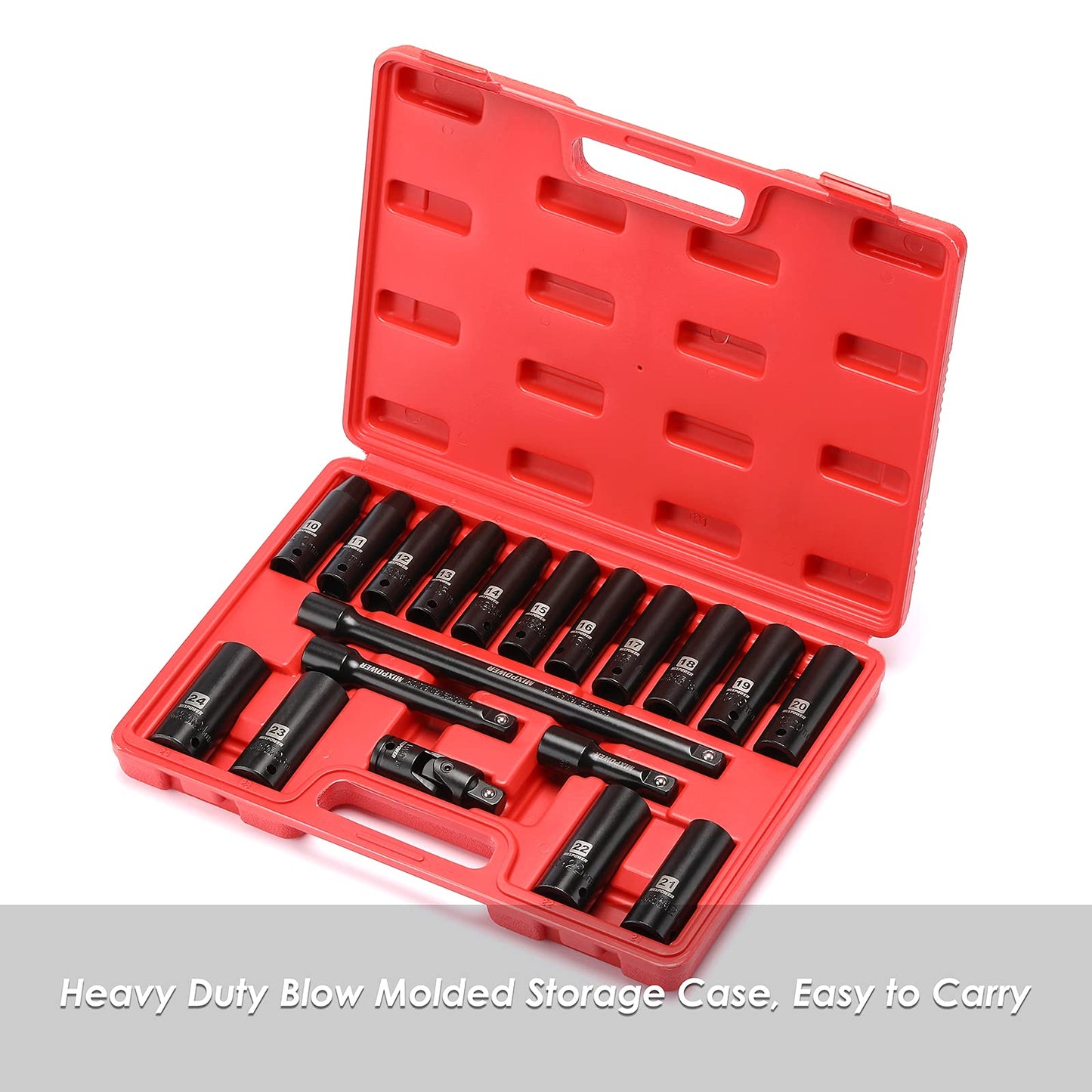 MIXPOWER 1/2-Inch Drive Deep Impact Socket Set, CR-V, Metric Size 10-24mm, 6 Point, Perfect for Home, Mechanic and Repair Project, 19-Piece Sockets Set with Extension Bar and Universal Joints.
