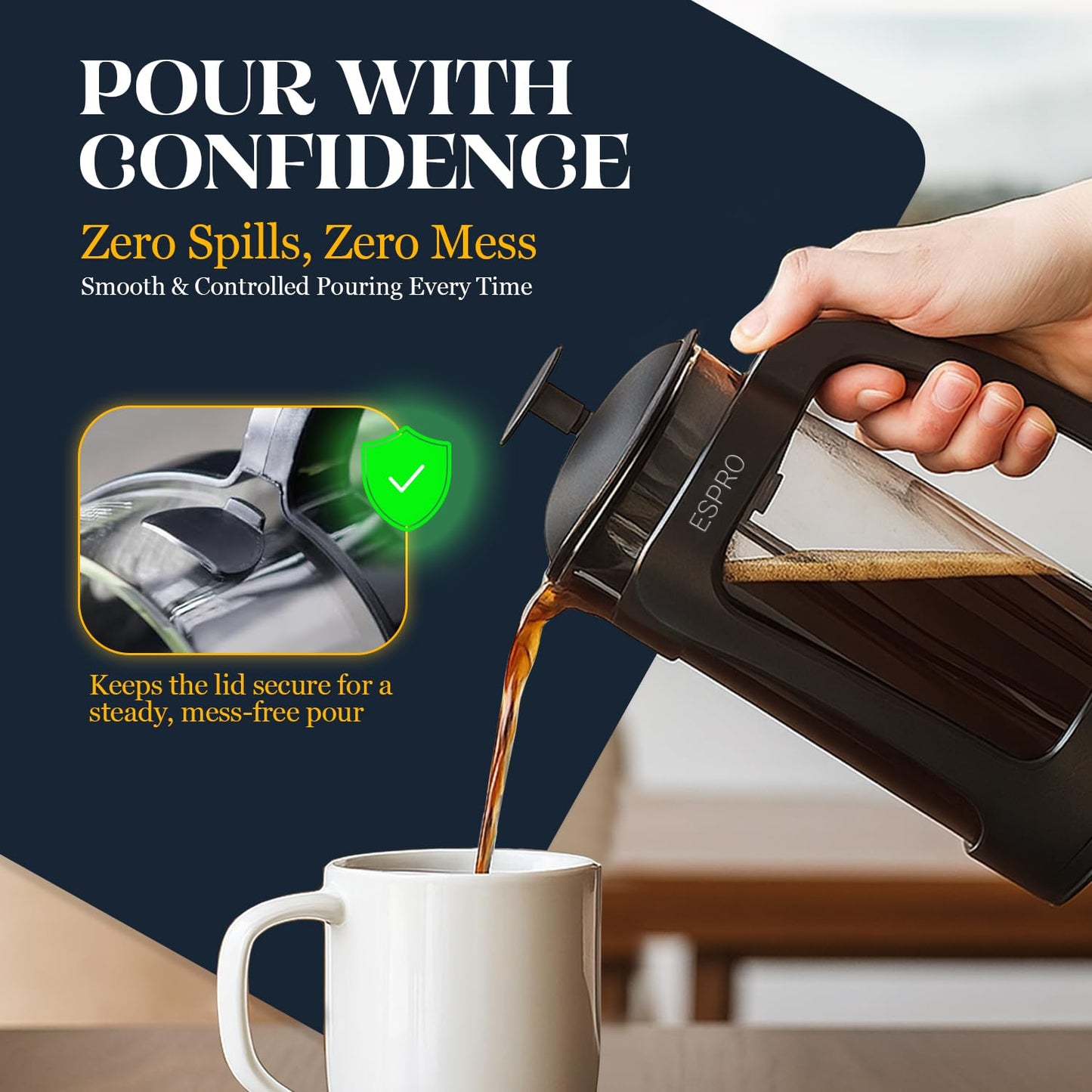 ESPRO Light P3 French Press Coffee Maker – Patented Double MicroFilter for Grit-Free Brew, High Heat Resistant thicker Borosilicate Glass Coffee press & Easy Clean Design – (32 oz)