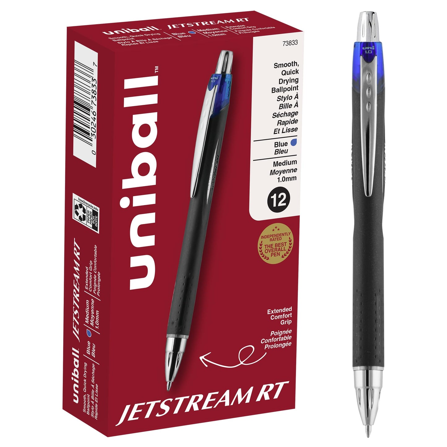 uni-ball Jetstream Rollerball, Retractable Roller Ball Pen Bold-1.0mm, 12 Pack, Blue Ink (73833)