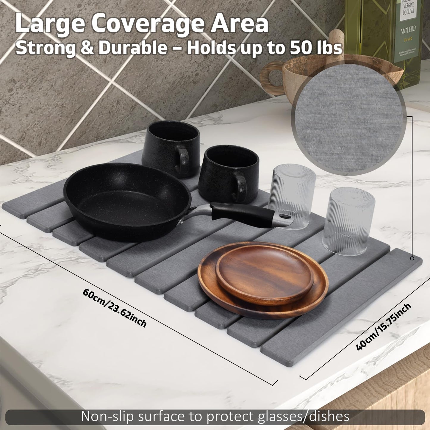 Large Stone Dish Drying Mats for Kitchen Counter, 61"×41" with 20"x 10" Coasters, Super-Absorbent, Quick-Dry, Collapsible Diatomaceous Earth, Used for Holding Tableware, Bottles and Cups【Gray】