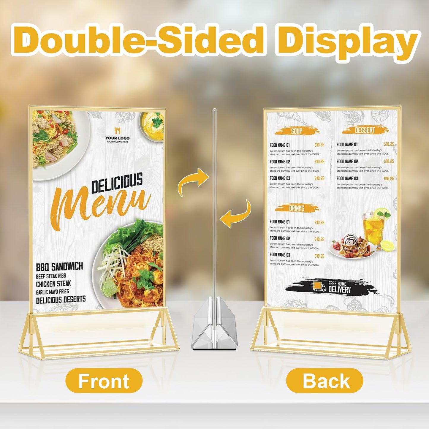 Acrylic Sign Holder, Double Sided Gold Picture Frame Stand up Table Top Sign Holders, Clear Display Stand Menu Flyer Holder for Wedding Party (14 Pack 5 x 7 Inch)