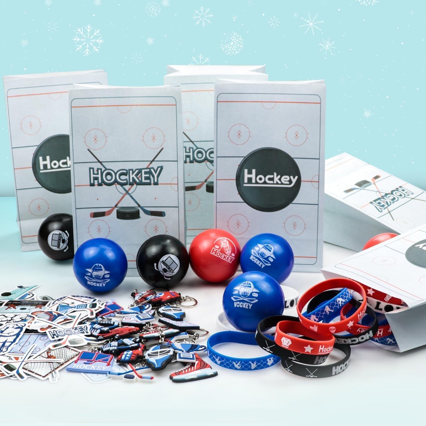 Hockey Party Favors 130Pcs Hockey Party Supplies Foam Hockey Balls, Silicone Wristbands, Hockey Theme Stickers, Hockey Gift Bags, Hockey Keychains, Gifts for Kids Students Boy Birthday Hockey Party