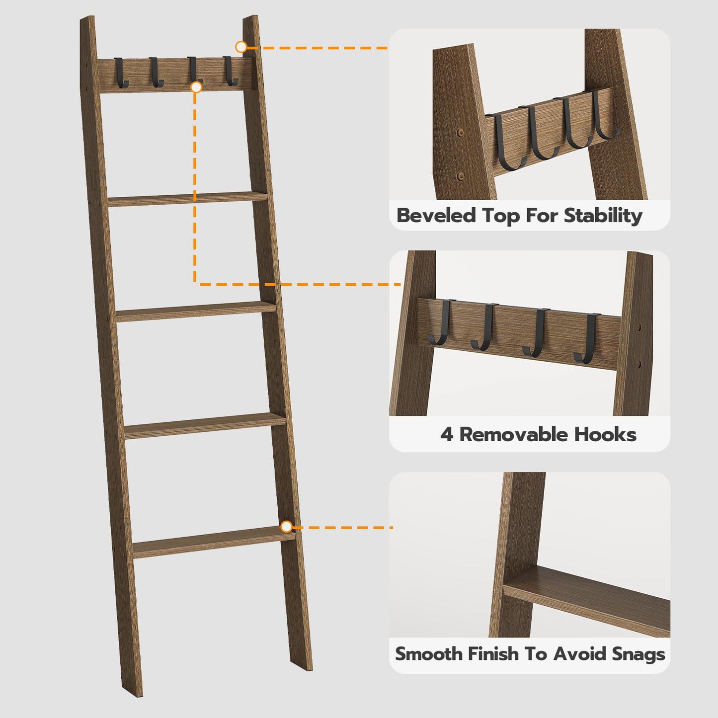 HOOBRO Blanket Ladder, Wall Leaning Blanket Rack, 5 Ft, 5 Tier Farmhouse Ladder Shelf, Towel Rack, Decorative Quilt Rack, Removable Hooks, Living Room, Bedroom, Bathroom, Mocha MA51CJ01G1