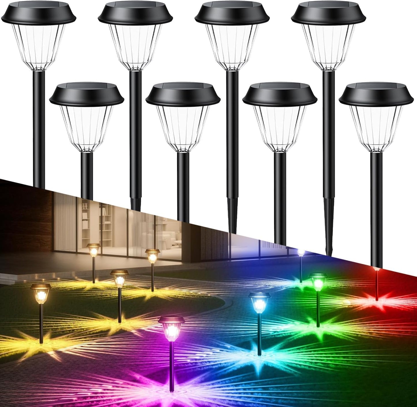 Quntis 8-Pack RGBWW Christmas Solar Pathway Lights, IP65 Waterproof Solar Lights Outdoor, Auto On/Off Solar Garden Lights, Landscape Path Lights for Yard Driveway Patio Halloween Christmas Decorations
