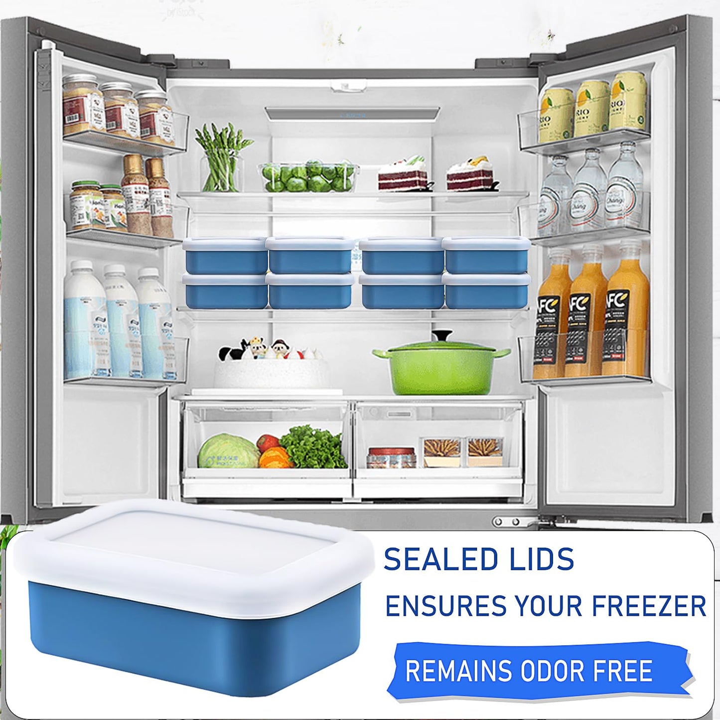 8 Pcs Silicone Freezer Containers with Lid 1 Cup Silicone Freezer Soup Molds, Reusable Food Preserving Ice Tray for Storing and Freezing Soup Sauces Stews (Blue)