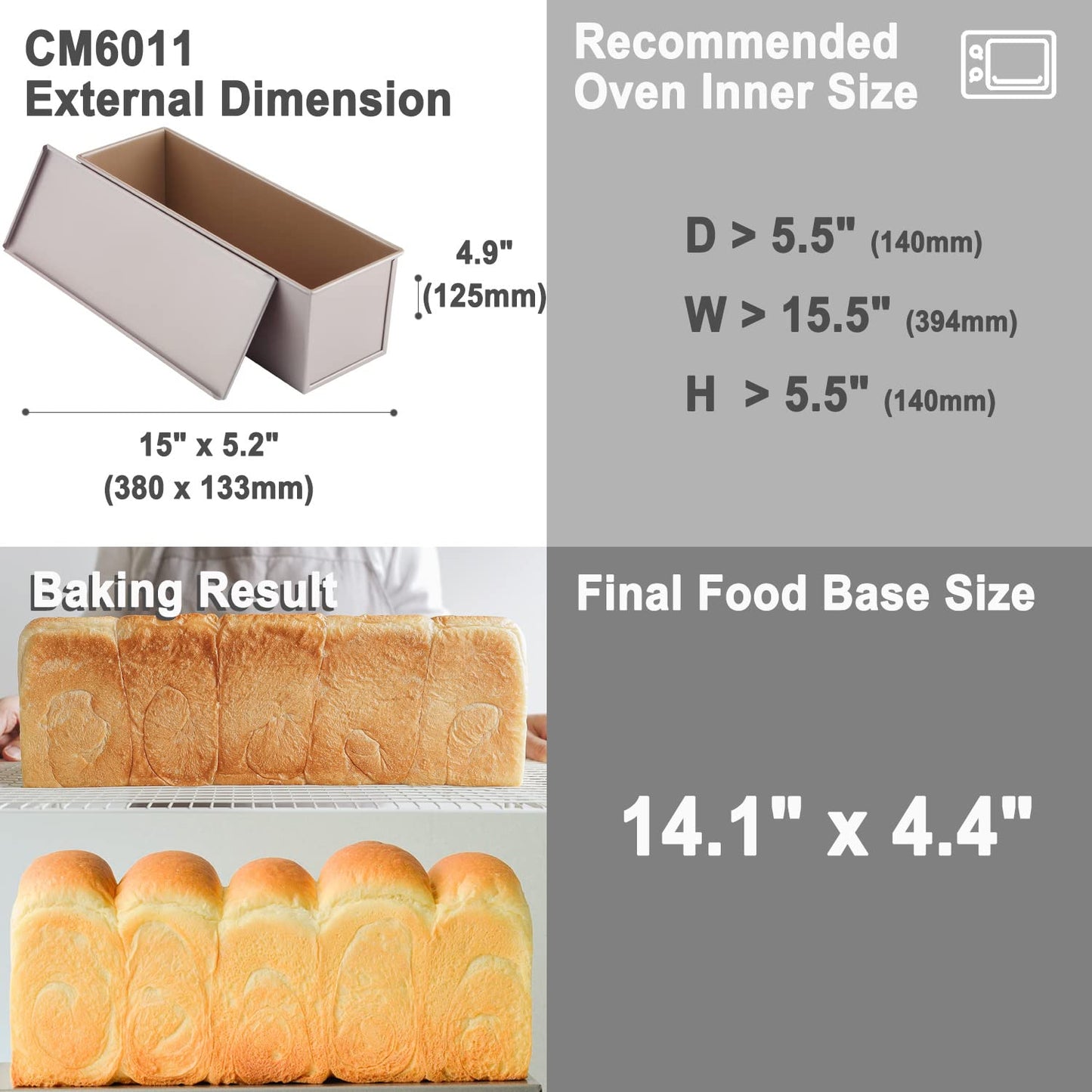 CHEFMADE Commercial Pullman Loaf Pan with Lid, 2.6Lb Dough Capacity Non-Stick Rectangle Flat Toast Box for Oven Baking 5.2" x 15.2"x 4.9"(Champagne Gold)