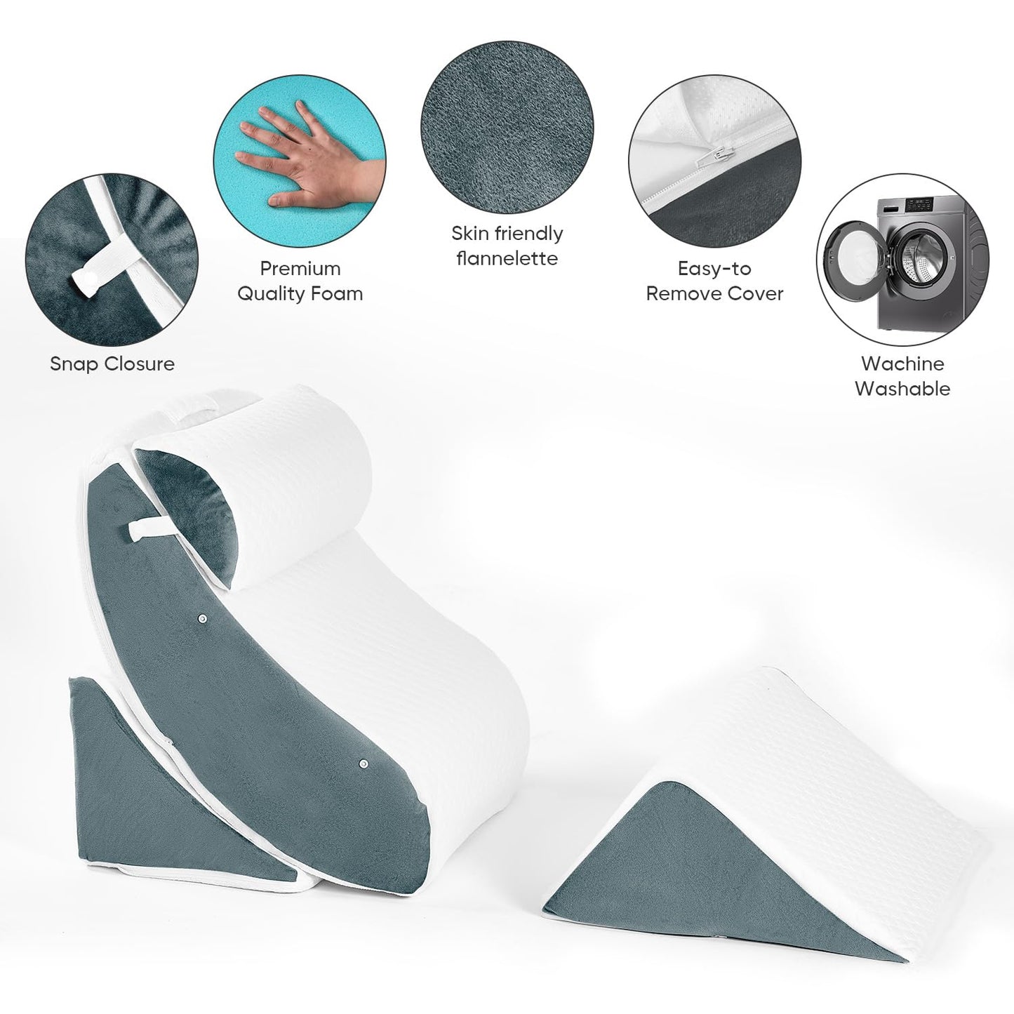 4 PCS Wedge Pillow Set for After Surgery, Memory Foam Orthopedic Bed Wedge Pillow Set, Adjustable Bed for Sleeping, Acid Reflux Relief, Post Surgery Recovery, Back Support, Leg Elevation, DarkGery