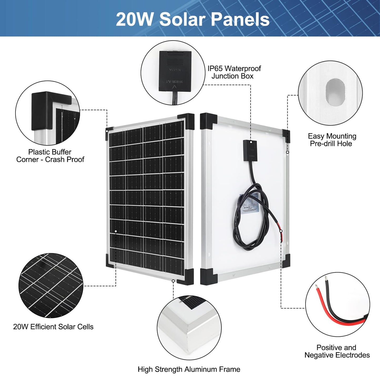 DYVIAHOME Solar Panels Kit Monocrystalline Solar Battery Maintainer 12V Solar Charge Controller with Extension Cable and Clips O-Ring Terminal fit RV Car Rooftop Camp Off Grid Applications(20W)