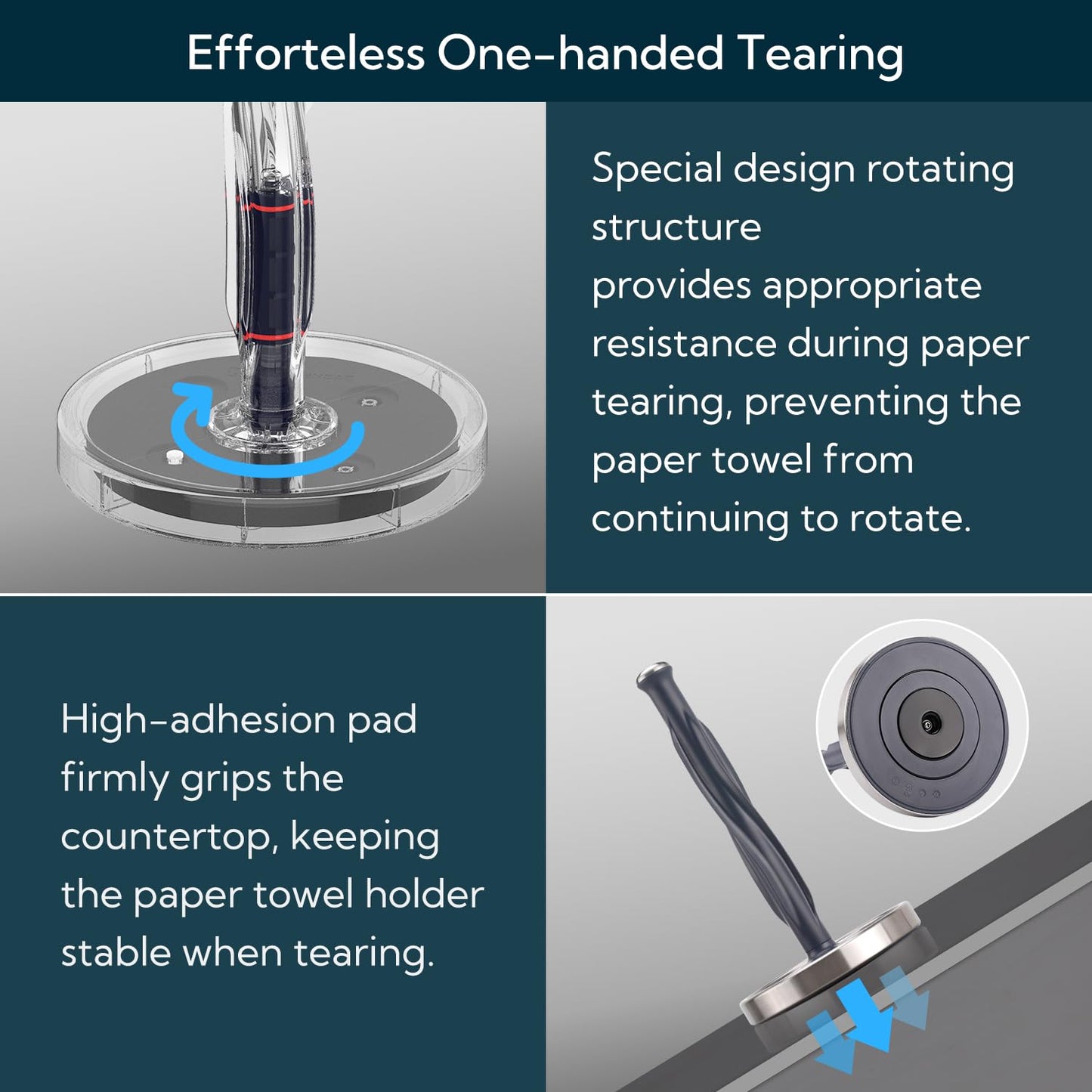 KITCHENDAO One-Handed Countertop Paper Towel Holder, Rotation Freestanding Kitchen Paper Holder Stand, Stainless Steel Paper Roll Holder with Weighted Base High-Adhesion Pad Sticker