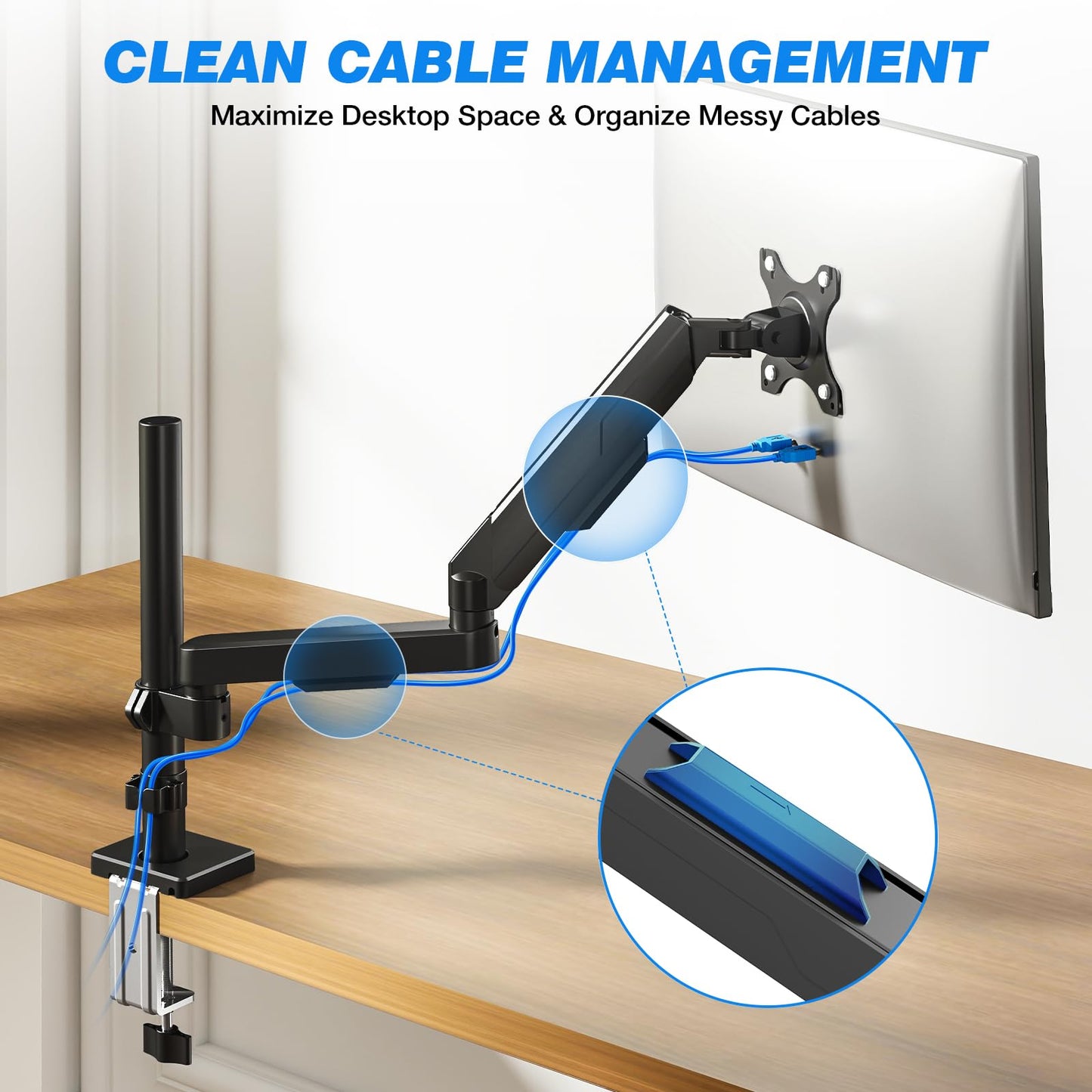 Single Monitor Stand - Adjustable Arm Mount for 17-35 Inch Screens, Ergonomic VESA Mount with C Clamp/Grommet Base, Each Arm Holds up to 22lbs, Black