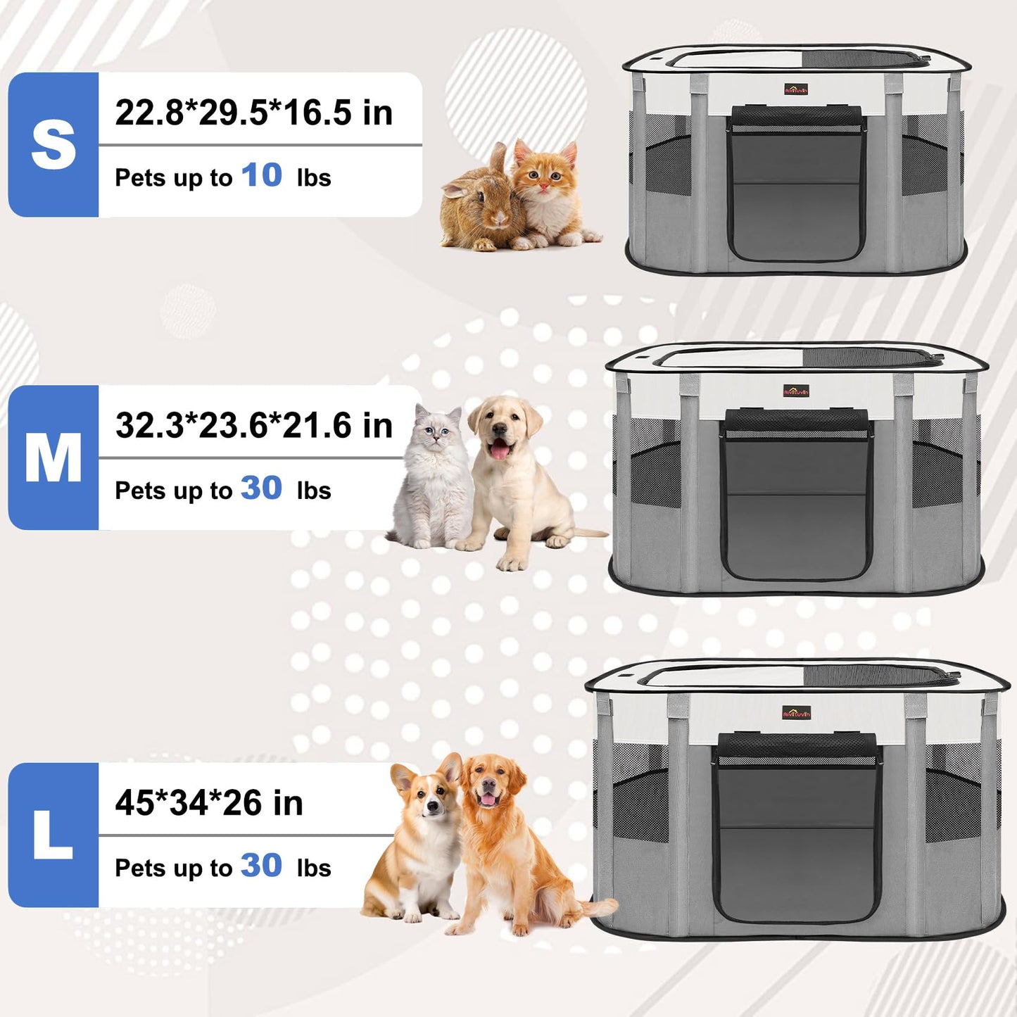 Dog Playpen, Pet Playpen, Foldable Kitten cage Puppy Play Pen, Portable Dog Kennel Tent Crate, Indoor Outdoor Travel Camping Use for Small Animals with Carrying Case (Grey M)