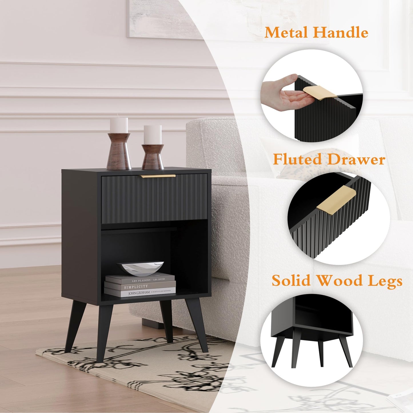 Fluted Night Stand with Opening Storage,Mid Century Bedside Table with Drawer,Modern Nightstand with Solid Wood Legs,End Table Side Table for Living Room,Bedroom,Black CAACTG56BK