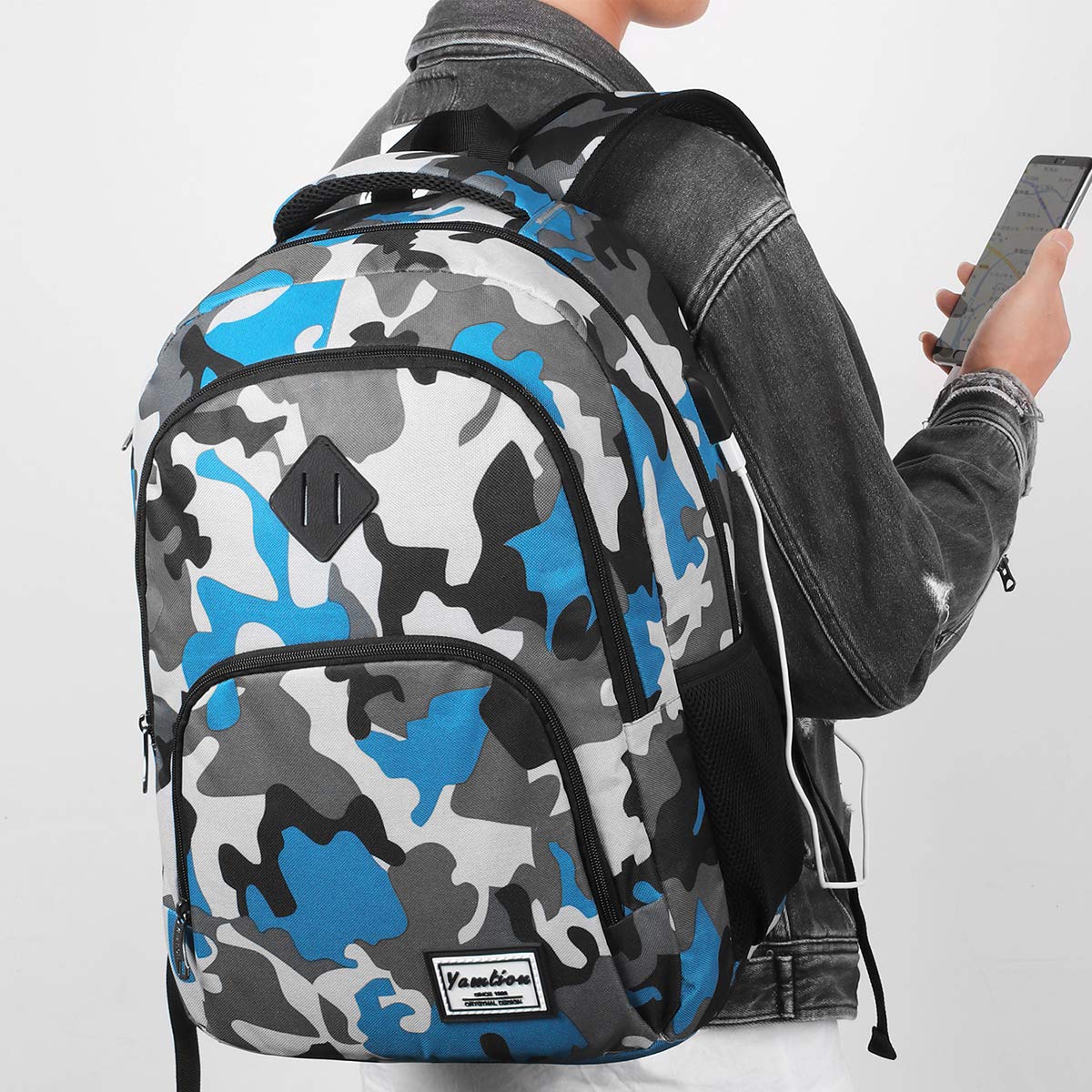 YAMTION 17 Inch School Backpack for Teen Boys,Travel Laptop Bookbag for High School College Backpack with USB,Camouflage Blue