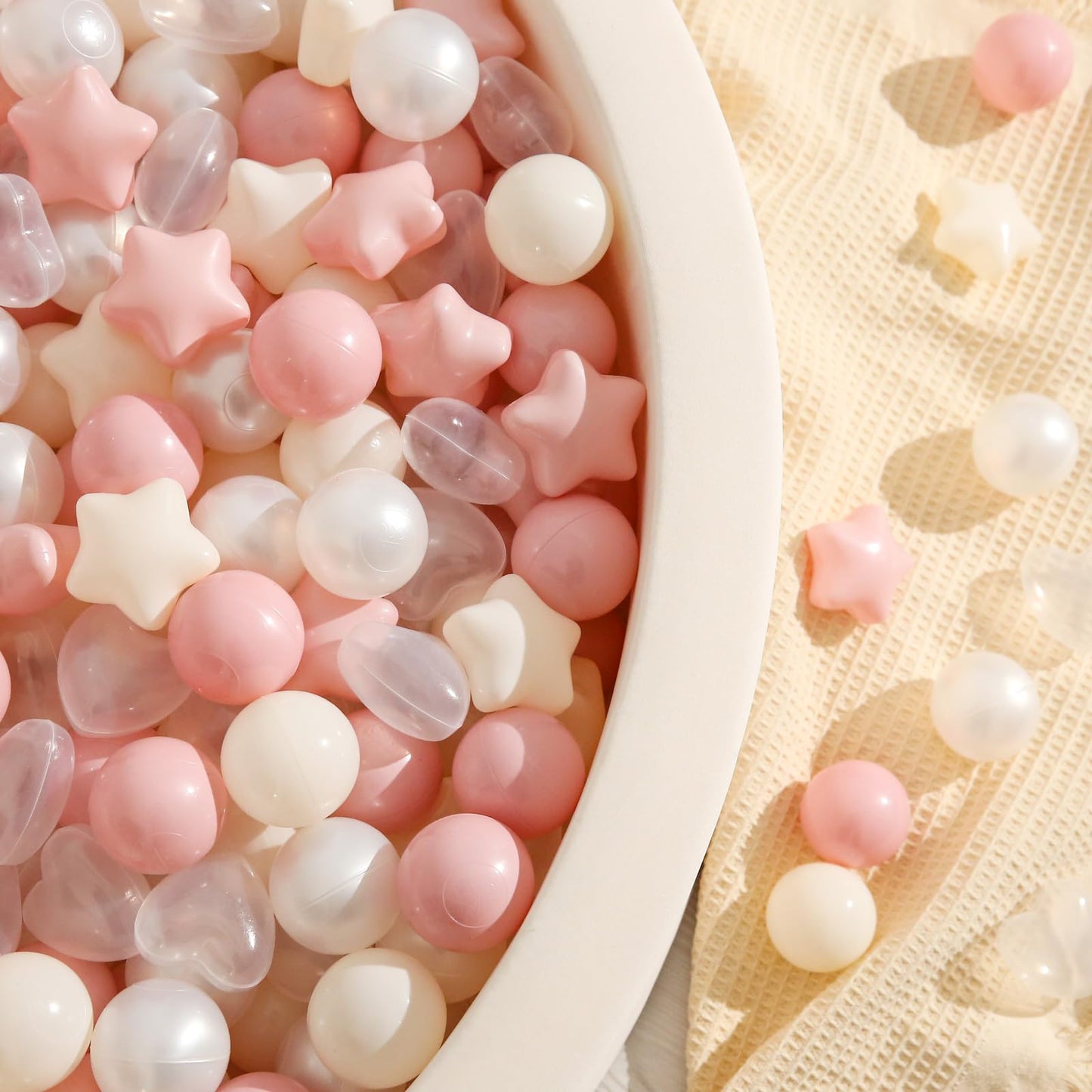 Ball Pit Balls 100 Balls for Toddlers, Crush Proof Plastic Children's Toy Balls Macaron Ocean Balls for Birthday Parties Games Pool, Pink+Beige+Pearl White+Clear Mix Shapes
