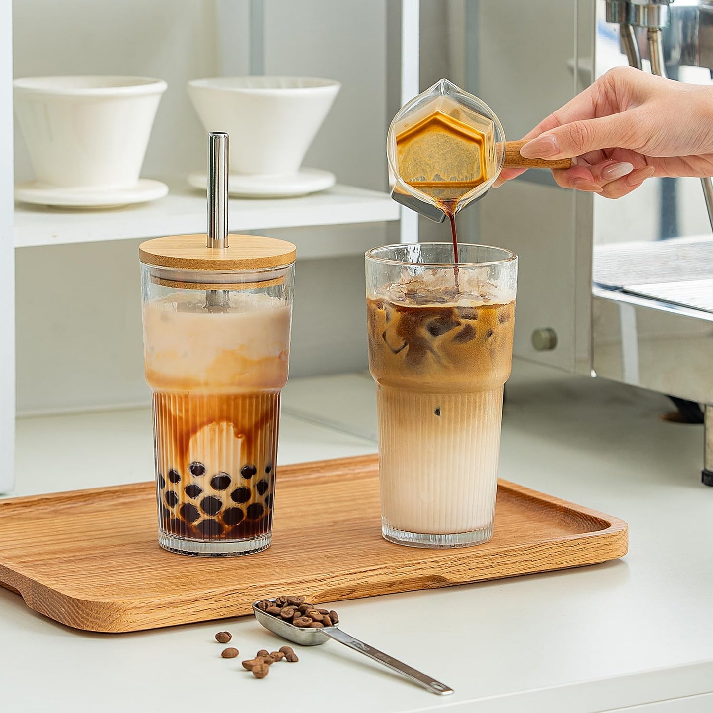 KEMORELA 20oz Ribbed Glass Tumblers with Reusable Stainless Steel Straws, Bamboo & Leak-Proof Dual Lids, Extra-Wide 13mm straw, 4Pc Vintage Drinking Glasses for Boba,Iced Coffee, Smoothies,Travel Cups