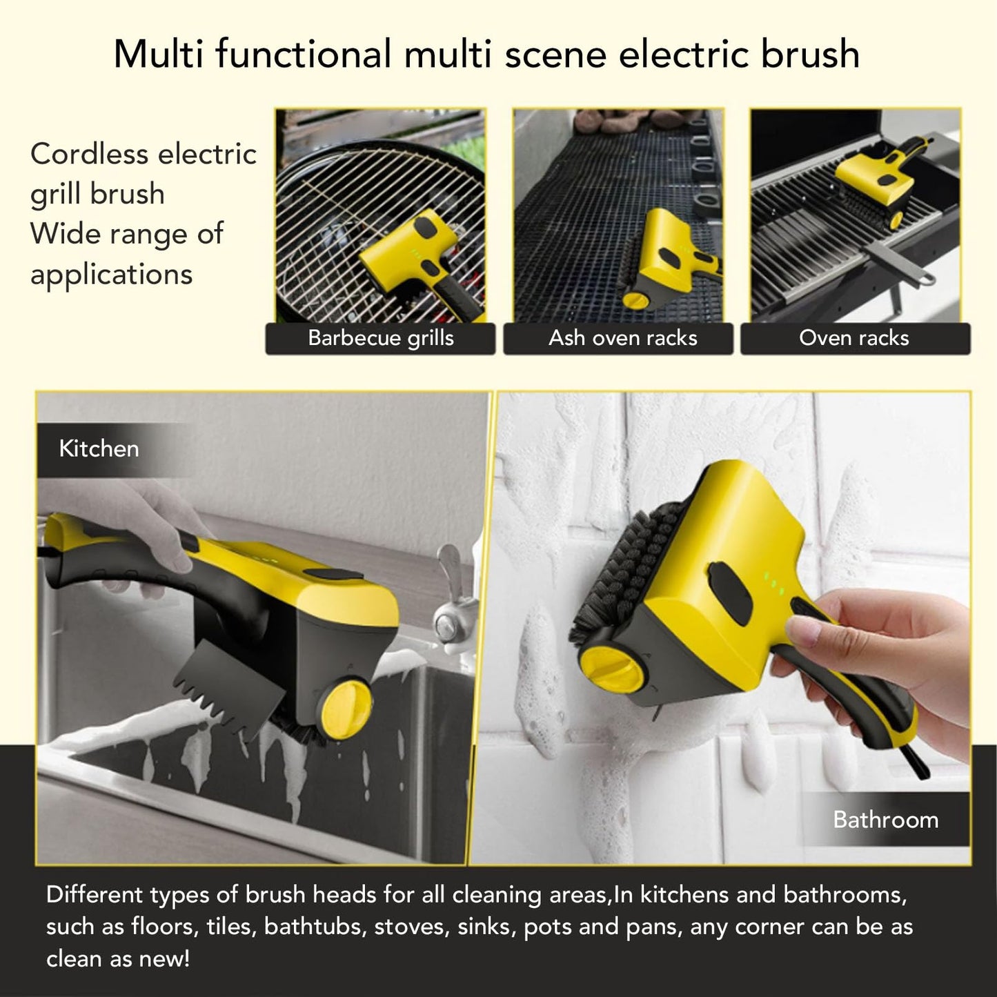 2 in 1 Cordless Rechargeable Electric Grill Brush, 360° Rotating Heads Adjustable Speed Barbecue Cleaner