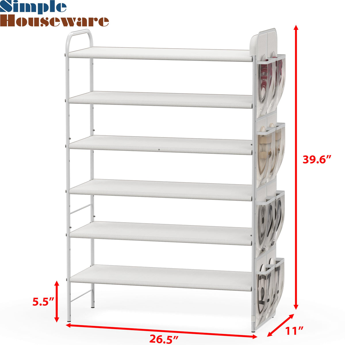 Simple Houseware 6-Tier Shoe Rack Organizer with Side Hanging Pockets, Tall Shoe Storage for Closet, Entryway, or Garage, Holds 20–28 Pairs, White