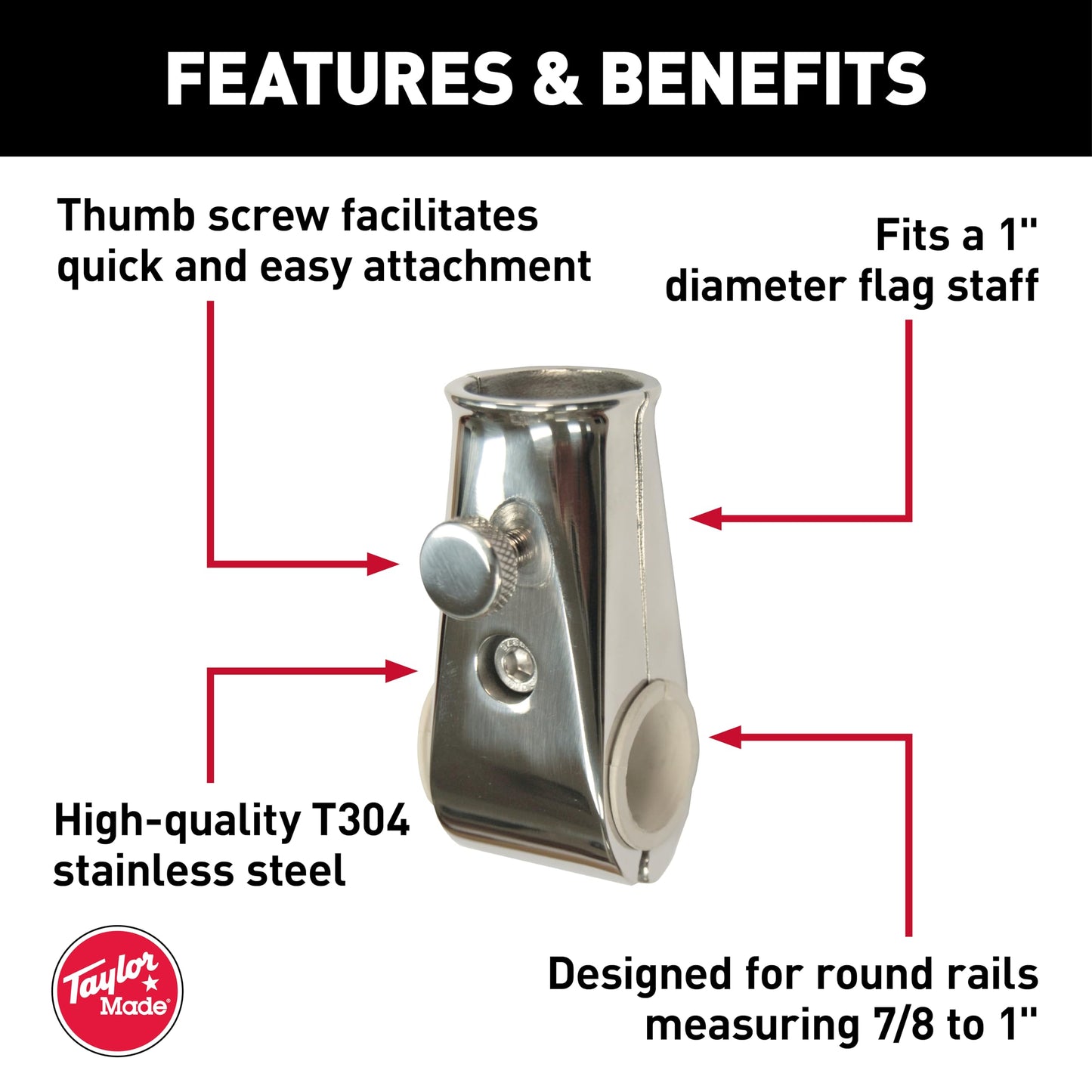 Taylor Made Flag Pole Socket Rail Mount for 7/8" to 1" Rails with 1" Flag Staff — Perpendicular Mount with Adjustable Angle - Secure Fit - Made in The USA from T304 Stainless-Steel — 2020109091