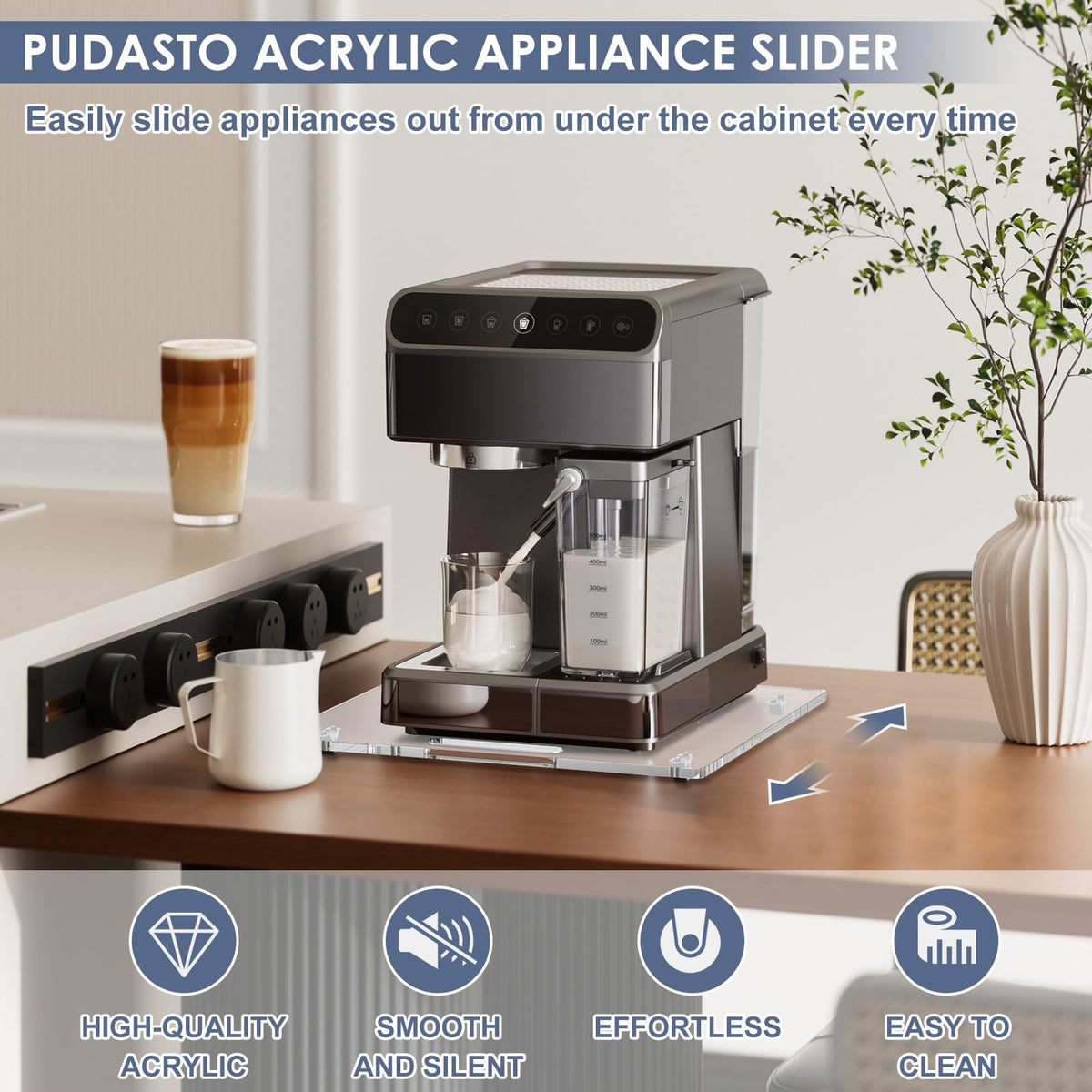 PUDASTO Appliance Sliders with Rubber Wheels, 14" x 13" Acrylic Coffee Pot Slider Tray for Countertop Moving, Sliding Tray for Coffee Maker, Stand Mixer, Toaster & Heavy Kitchen Appliances (Clear)