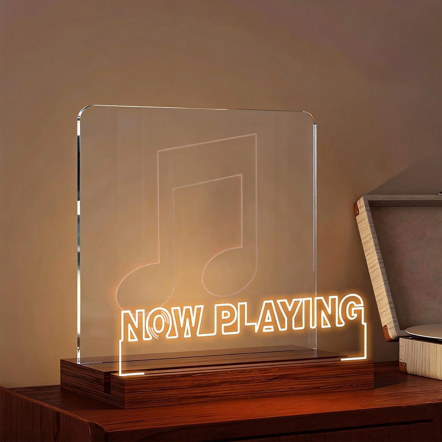 Rodioer Now Playing Vinyl Record Stand with Adjustable Brightness, 5mm Acrylic & Wood Base Desktop Holder for 12" Vinyls, Gift for Music Lovers