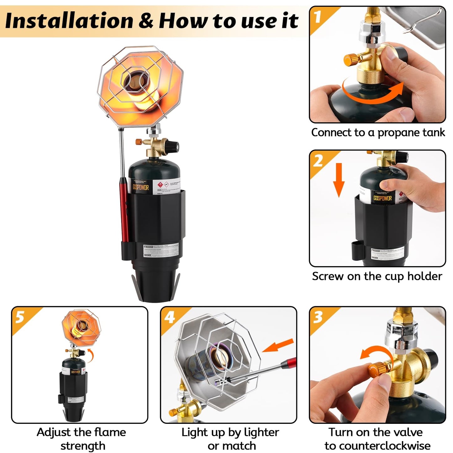 Propane Golf Cart Heater 6200BTU, Propane Heater with Golf Cart Cup Holder, Camping, Patio, Hiking, RV Travel (Fuel not included)