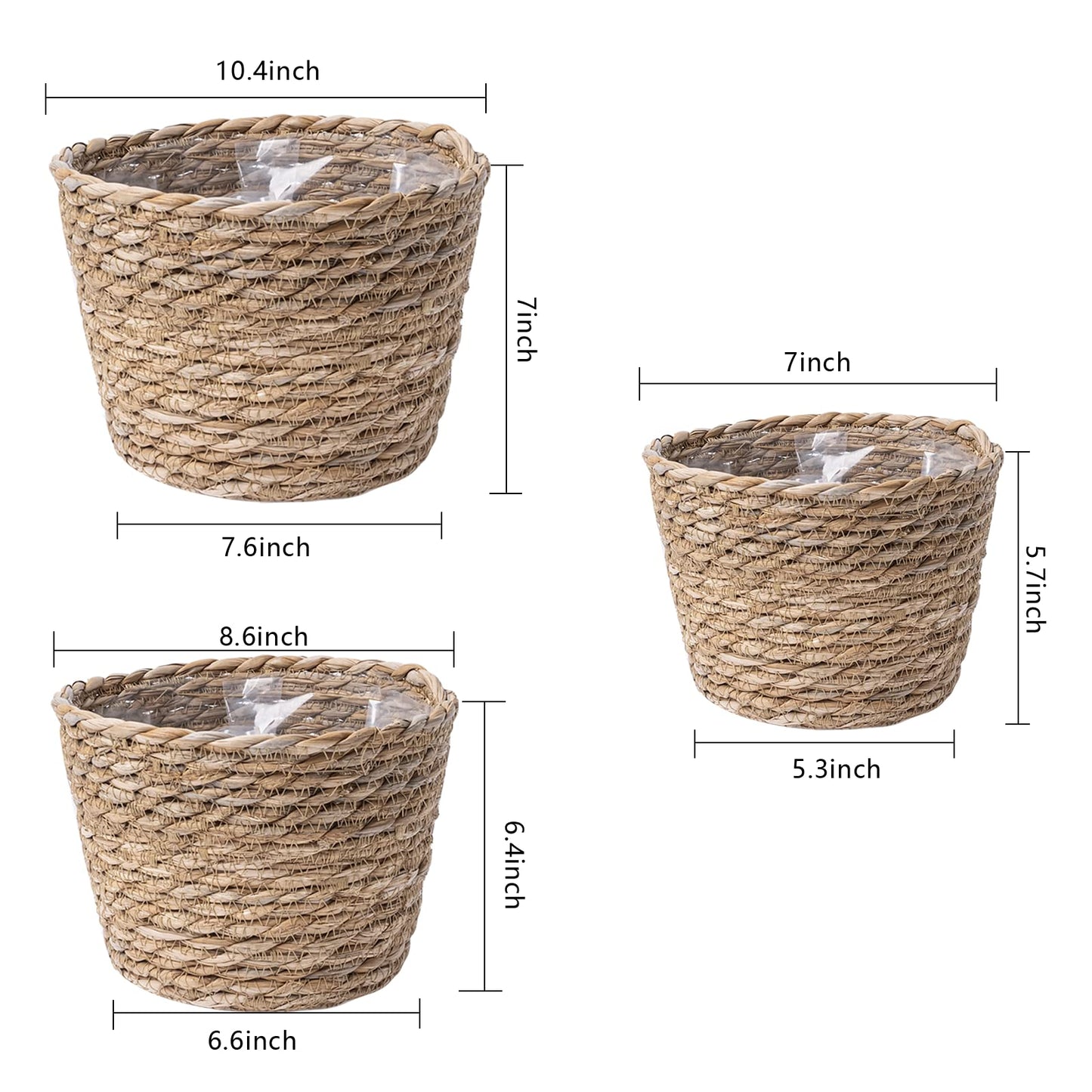 3 Pack Seagrass Planter Basket, Woven Planter Baskets Flower Pots Cover Storage Basket Plant Containers for Indoor Outdoor Plant and Home Decor