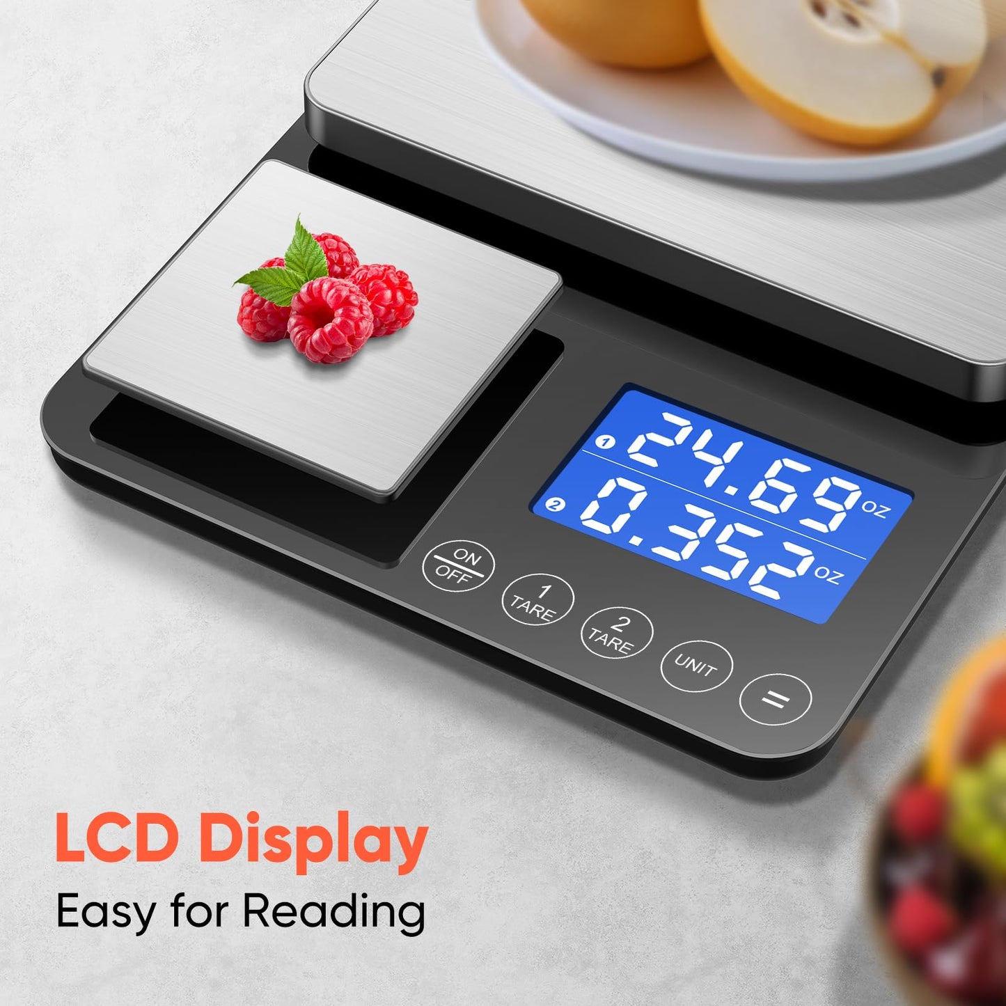 KUAIVO Dual Platform Digital Kitchen Scale, Two Scales in One, 33lb/15kg & 0.001oz/0.01g Precision, Coffee & Food Scale, Dual Display, Stainless Steel, Tare, g/oz/lb/ml