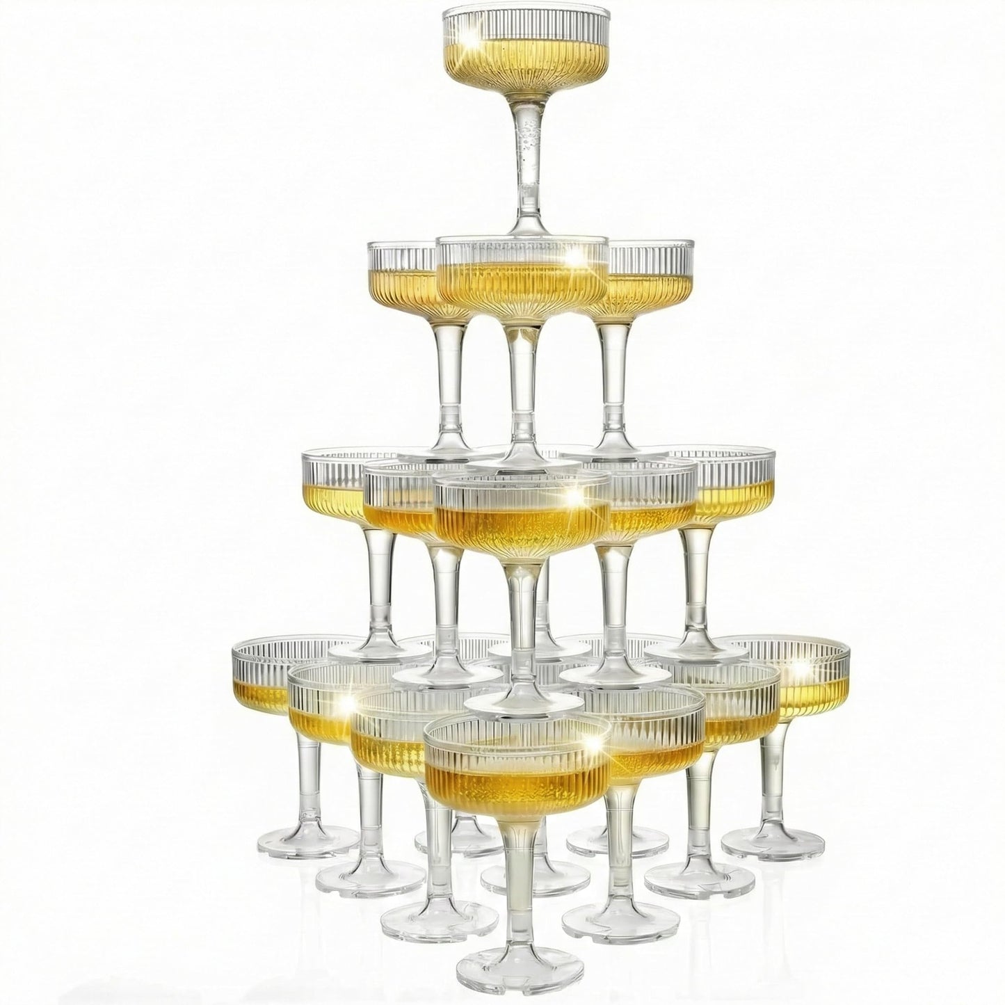 SOBECHOI 4-Tier Champagne Premium Champagne Tower Set - 20 Pcs Clear Plastic Coupe Glasses, Stackable Fluted Toasting Flutes for Parties & Weddings, Elegant Shatterproof Drinkware 7 oz
