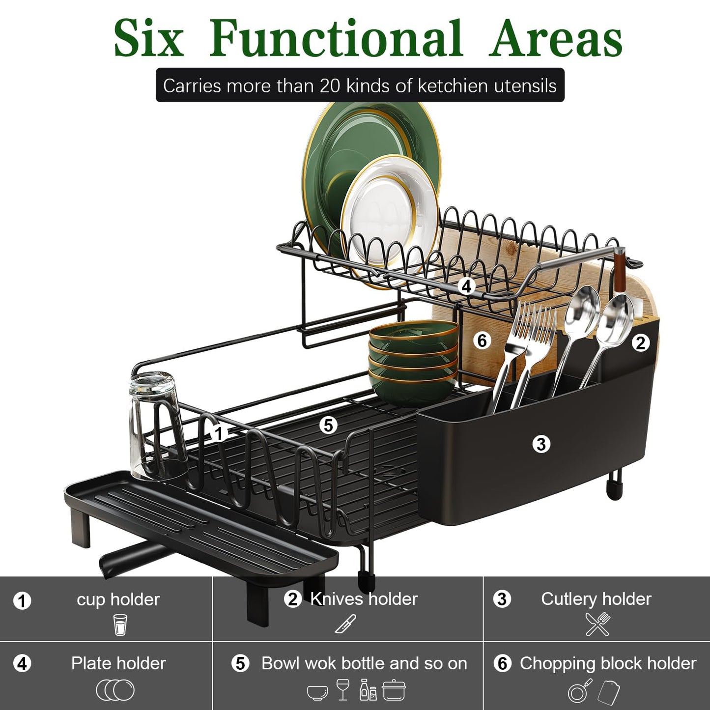 Runnatal Large Dish Drying Rack with Drainboard Set, Extendable Dish Rack, Utensil Holder, Cup Holder, Large-Capacity 2-Tier Dish Drying Rack, Expandable Dish Drainer for Kitchen Counter