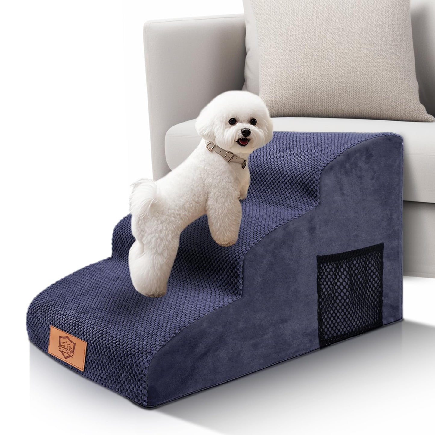 Almcmy 3-Step Dog Stairs for Small Dogs 15.7" H, Foam Pet Stairs for High Bed, Soft Dog Steps with Removable Cover, Non-Slip Dog Ramp Pet Steps for Old Cats, Injured Dogs, Elderly Pets, Blue